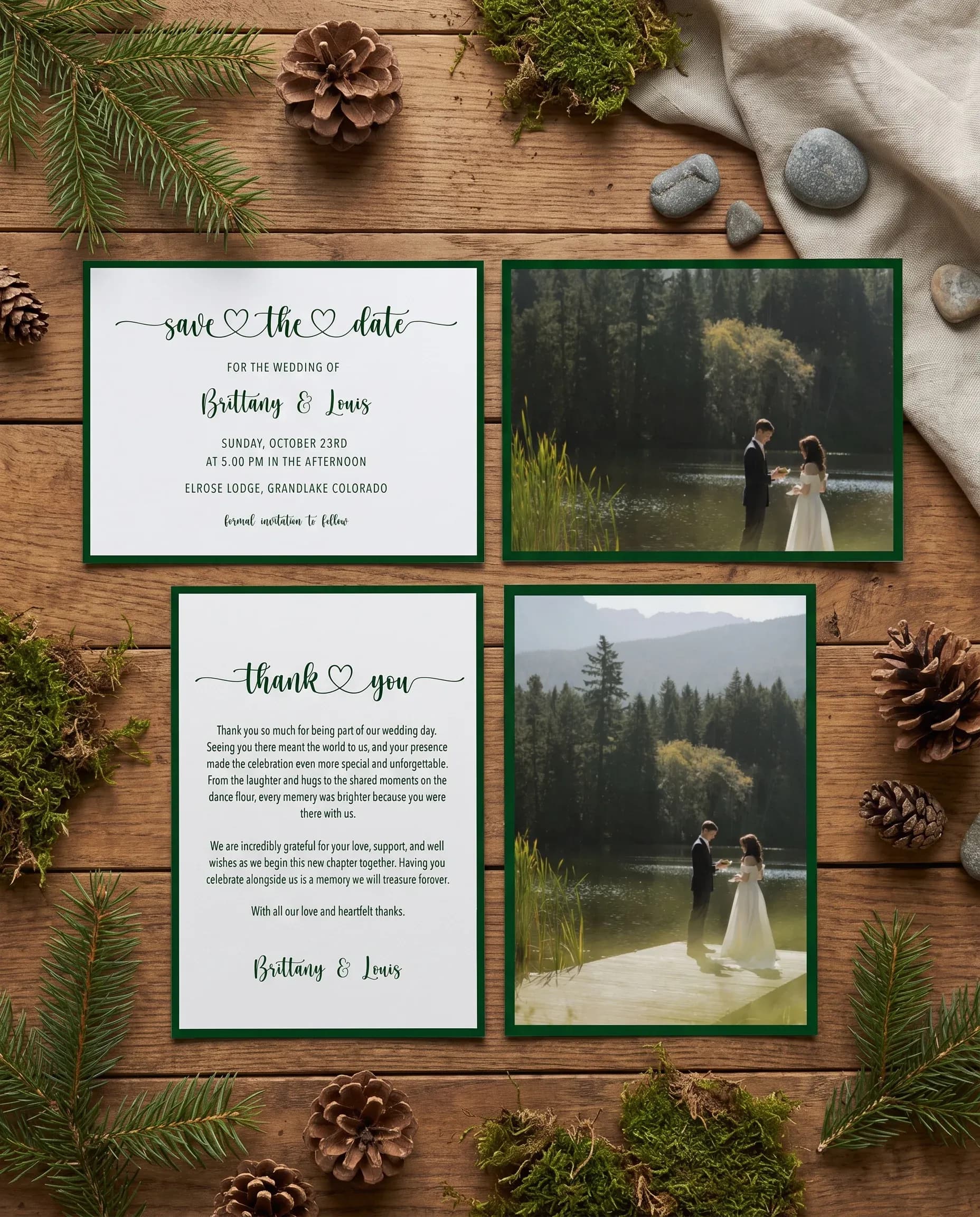 Evergreen Star wedding invitation set — save the date and thank you card shown in a flat lay, wedding invitation templates.