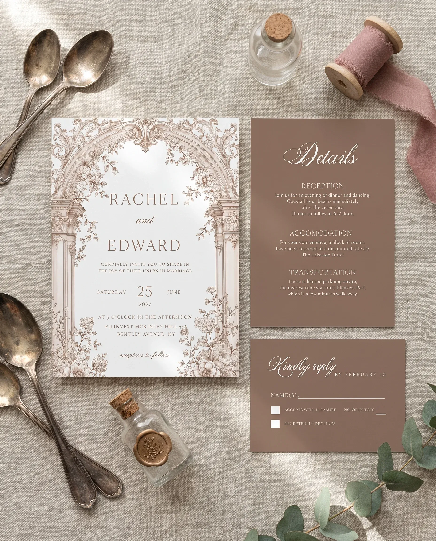 Hinge Script wedding invitation suite — invitation, details card and RSVP shown in a flat lay under soft natural light, wedding invitation templates.
