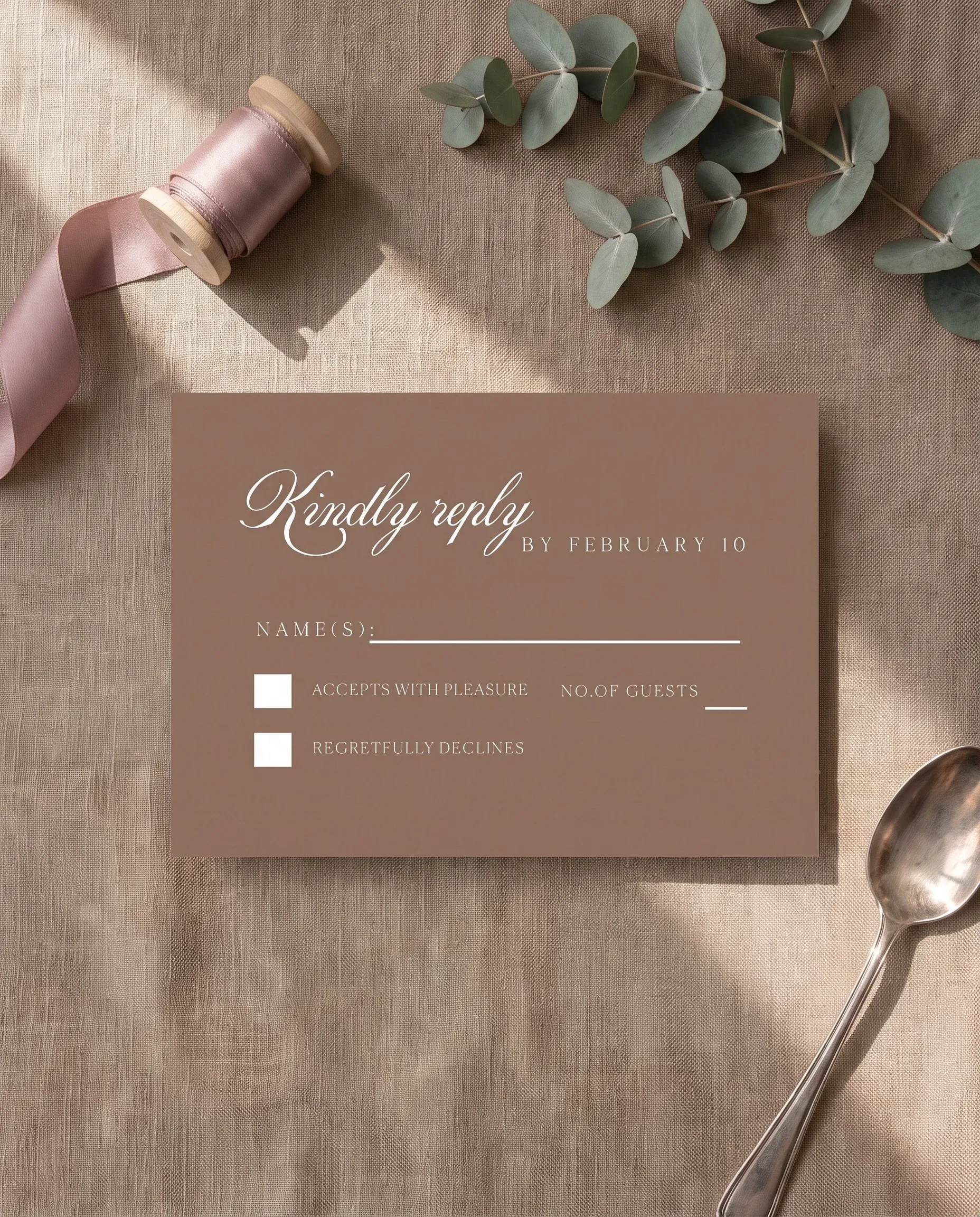 Hinge Script wedding invitation suite — RSVP card shown in a flat lay under soft natural light, wedding RSVP cards.