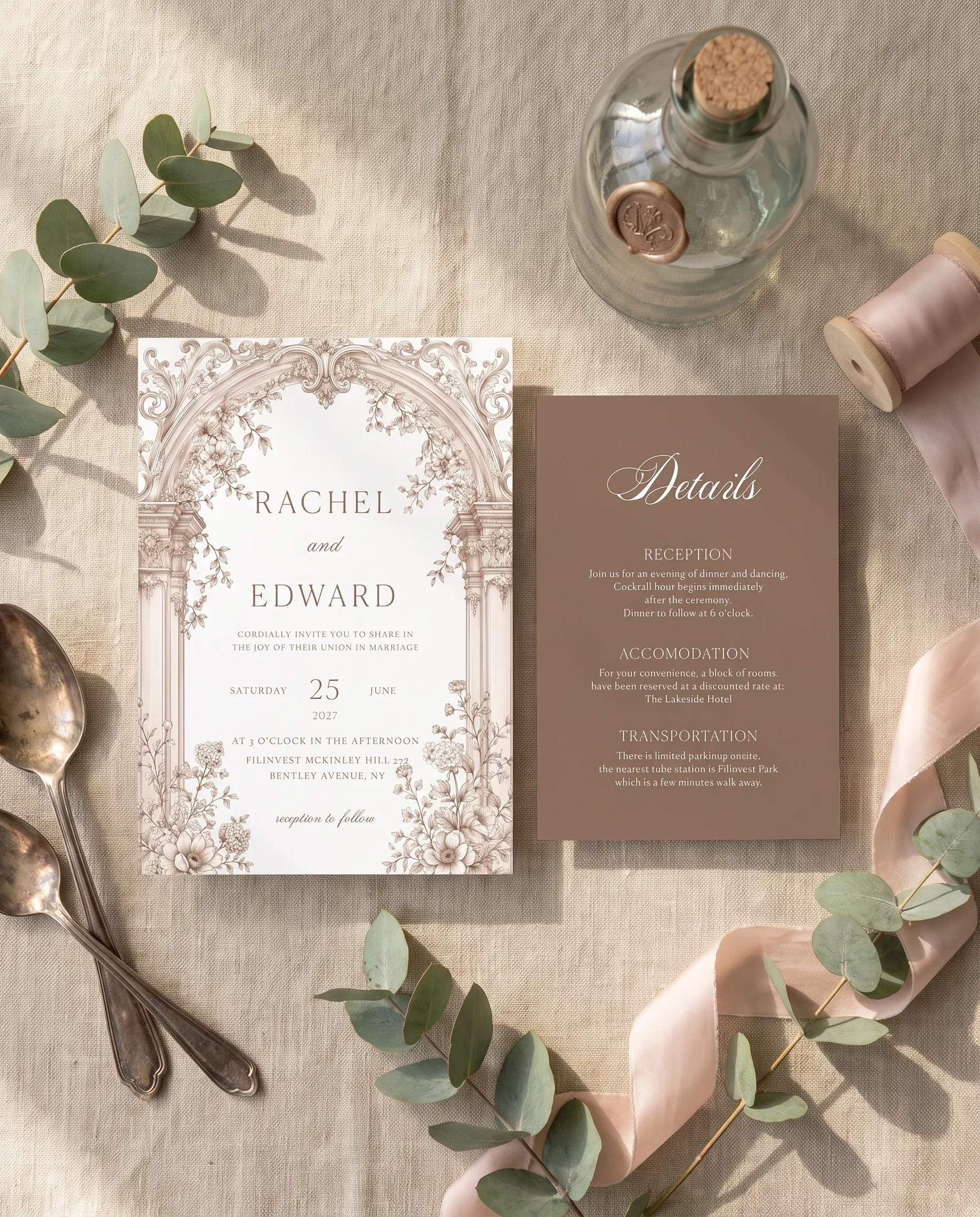 Hinge Script wedding invitation suite — invitation and details card shown in a flat lay, wedding details card.