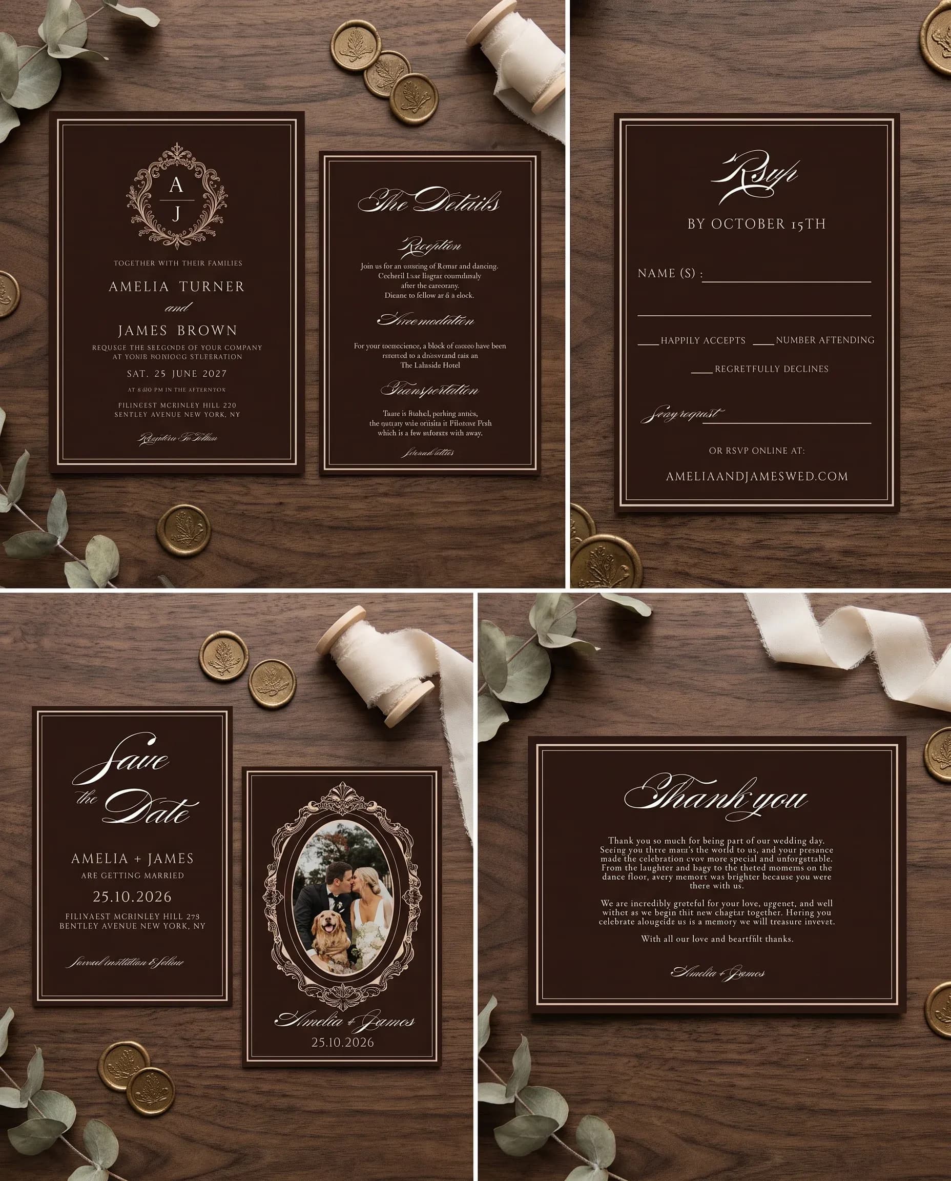 Velour wedding invitation set — Invitation, details card, RSVP, save the date and thank you card shown in a flat lay, wedding invitation suite