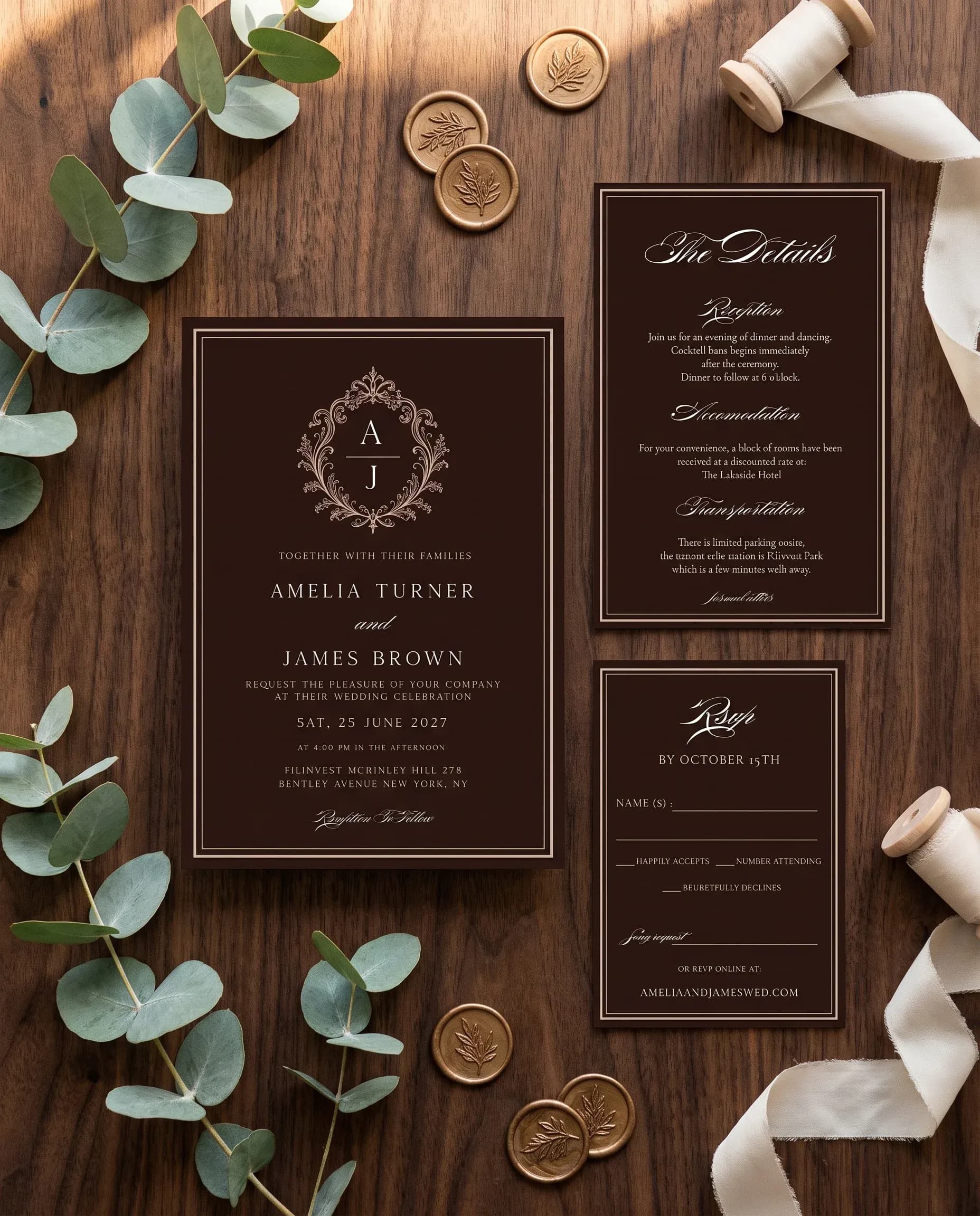 Velour wedding invitation set — Invitation, details card and RSVP card shown in a flat lay, printable wedding invitations