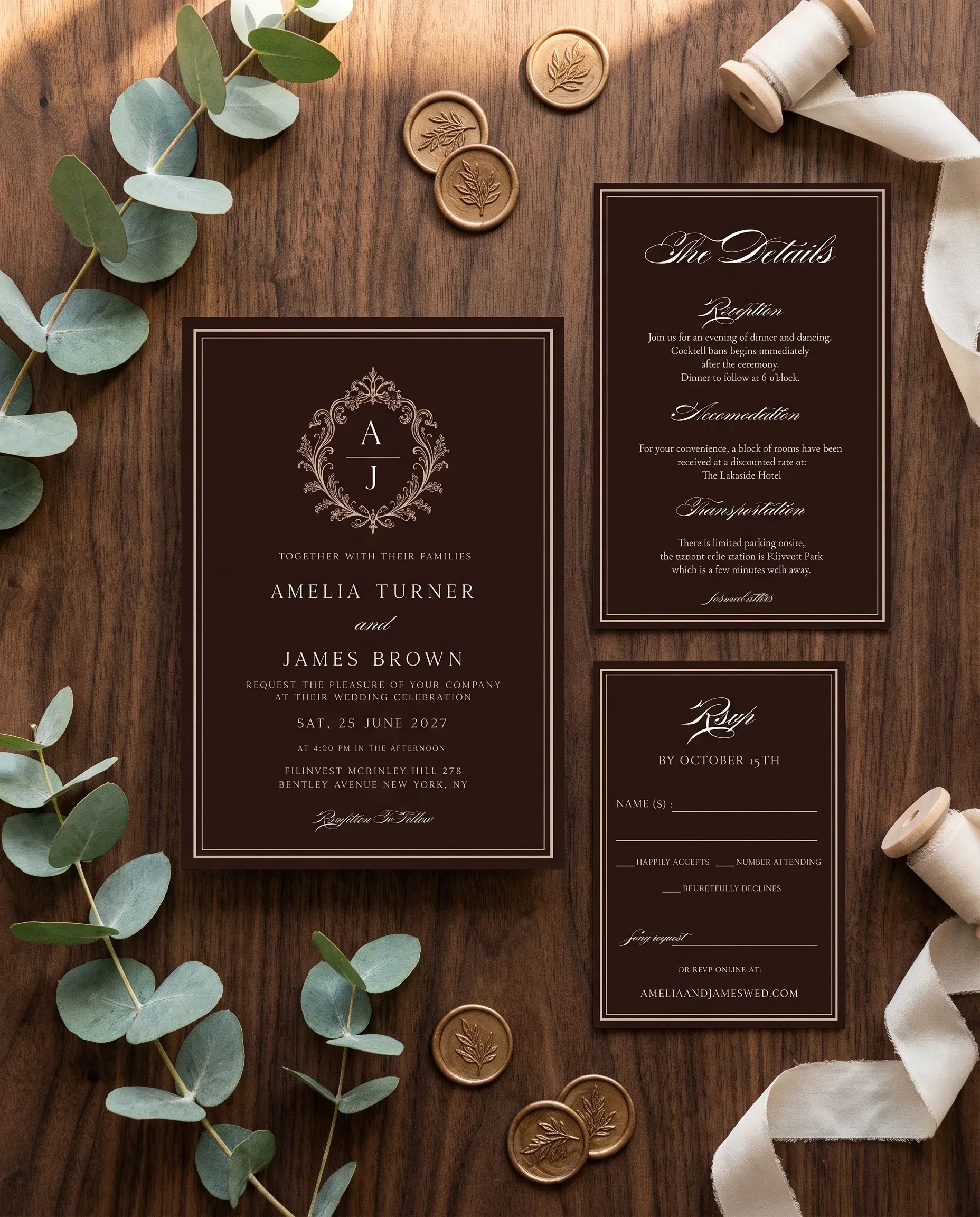 Velour wedding invitation set — Invitation, details card and RSVP card shown in a flat lay, printable wedding invitations