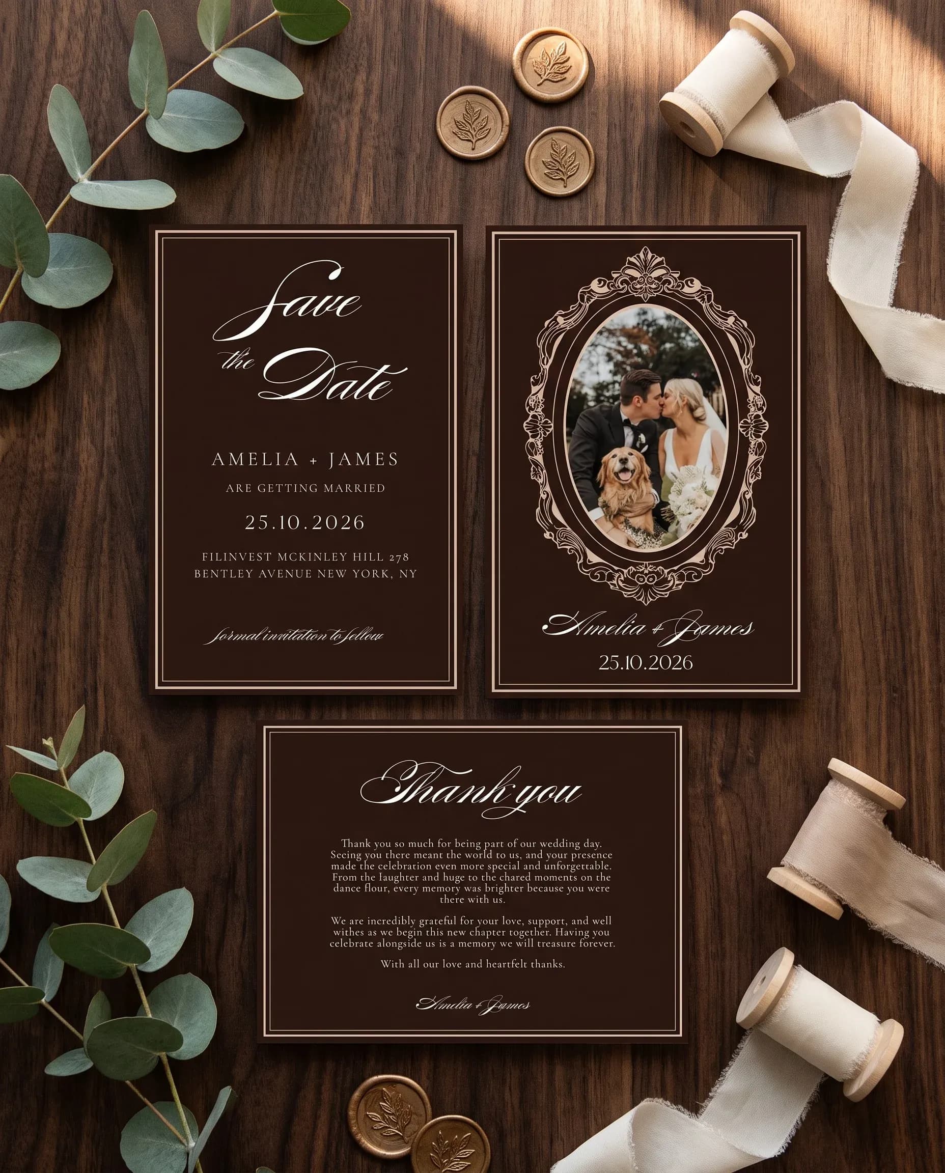 Velour wedding invitation set — Save the date and thank you card shown in a flat lay, wedding invitation templates