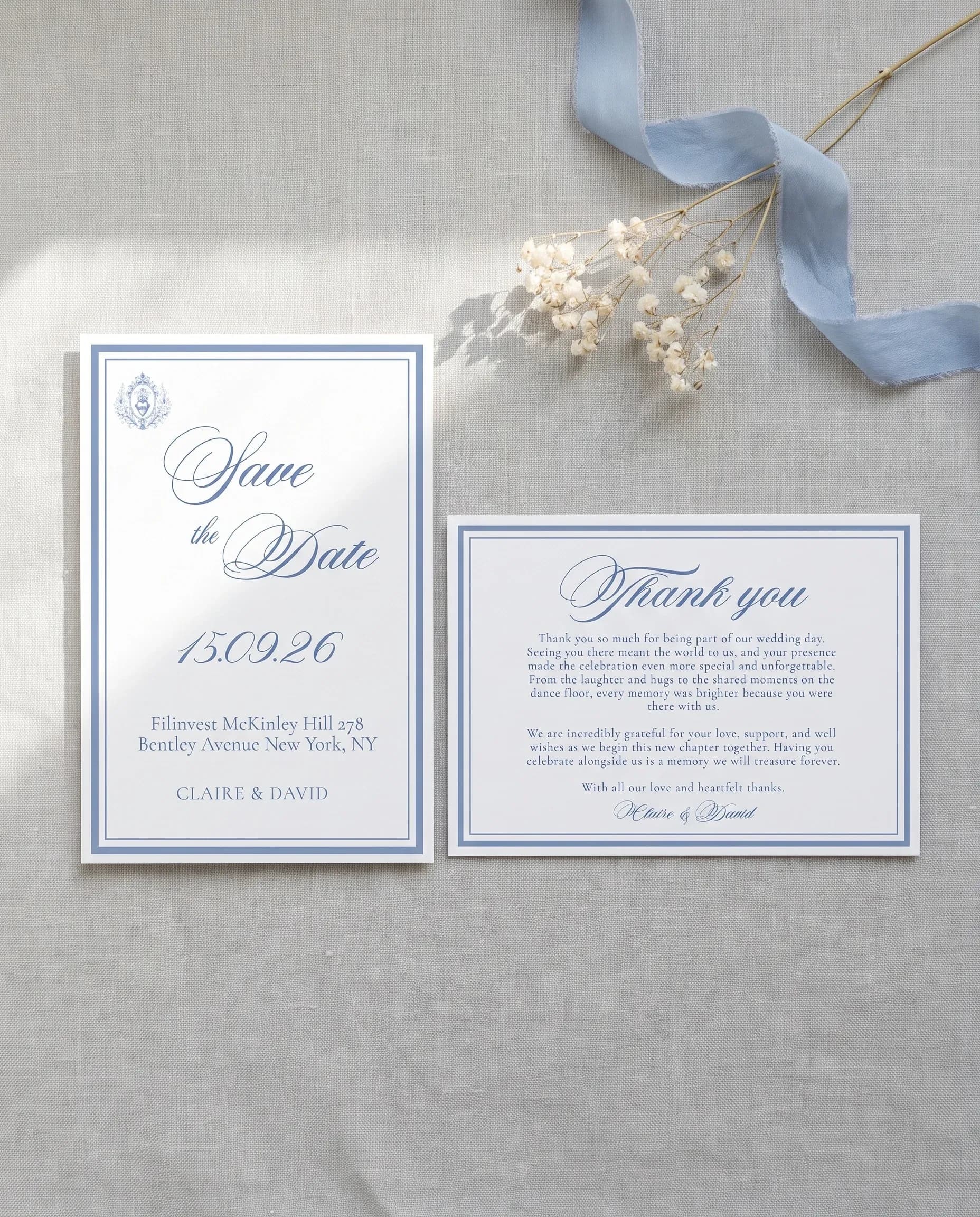 Azure Flourish wedding invitation set — Save the date and thank you card shown in a flat lay, wedding invitation templates