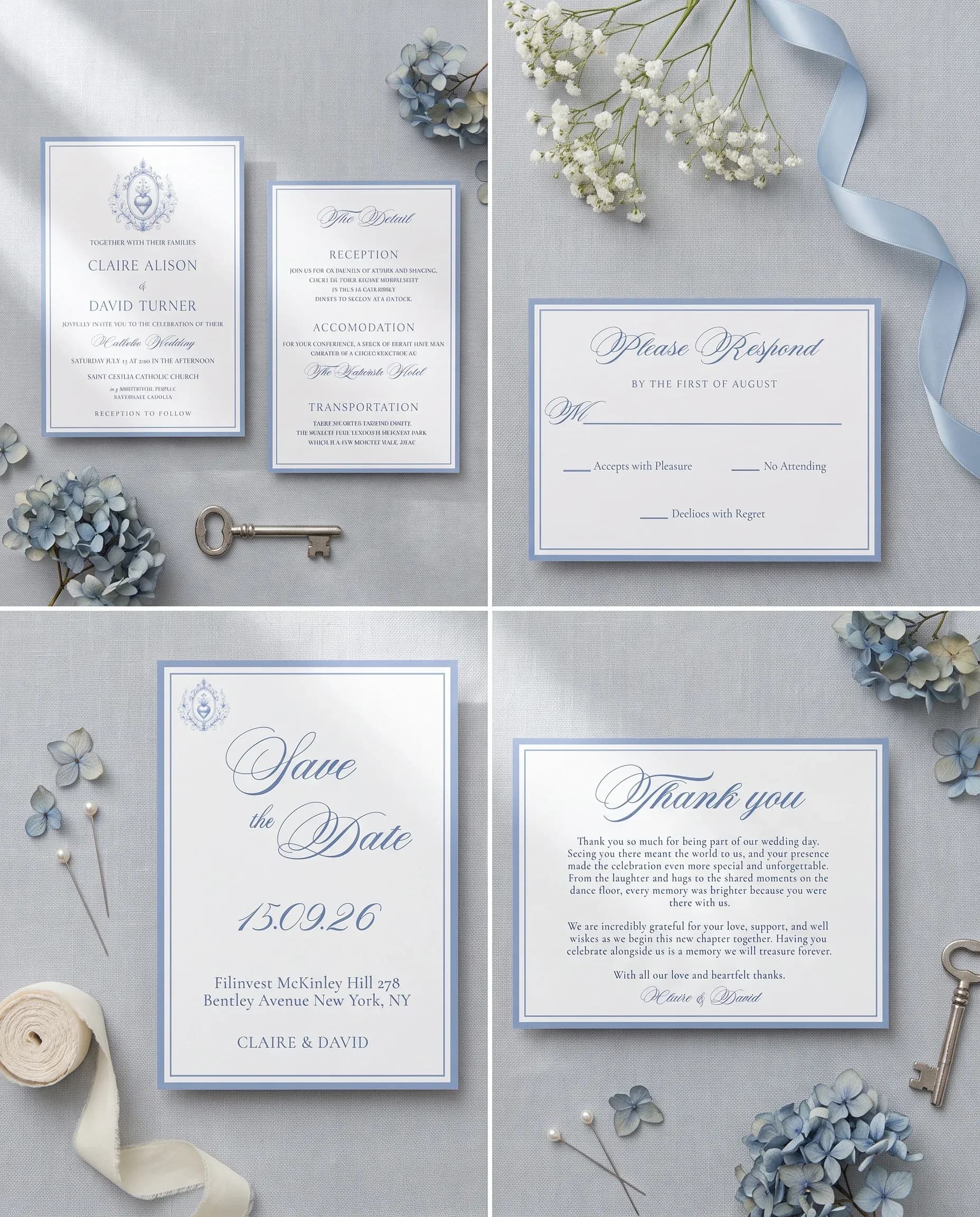 Azure Flourish wedding invitation set — Invitation, details card, RSVP, save the date and thank you card shown in a flat lay, wedding invitation suite