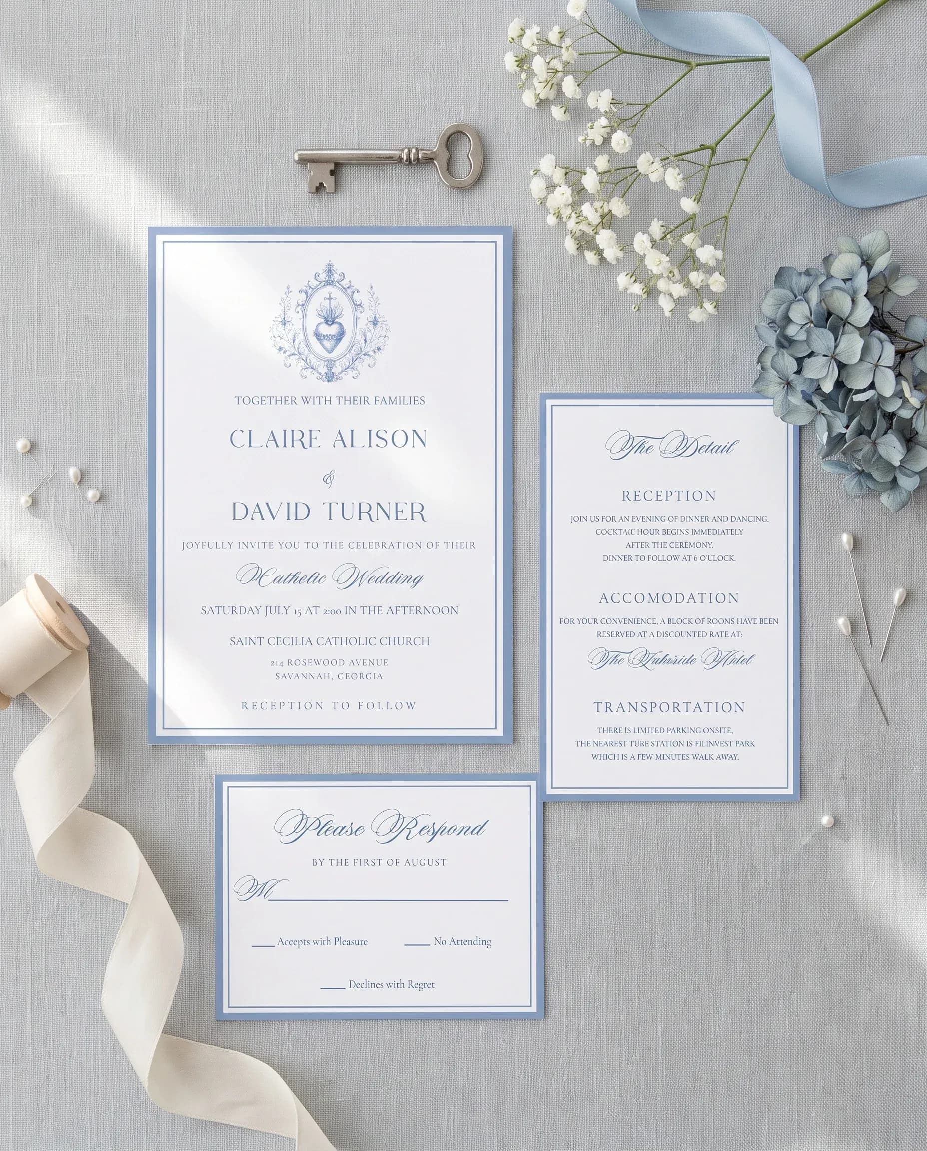 Azure Flourish wedding invitation set — Invitation, details card and RSVP card shown in a flat lay, printable wedding invitations