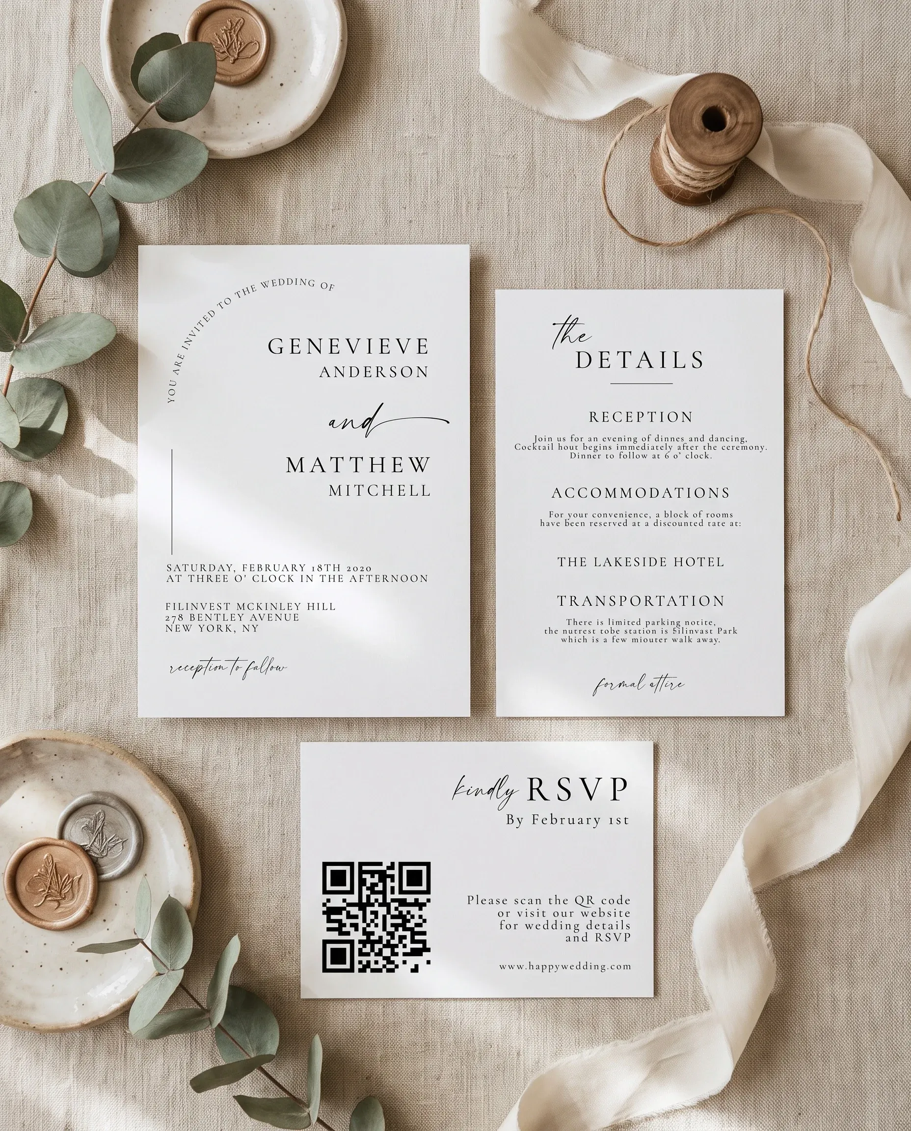 Arcadia wedding invitation suite — invitation, details card and RSVP shown in a flat lay under soft natural light, wedding invitation templates.