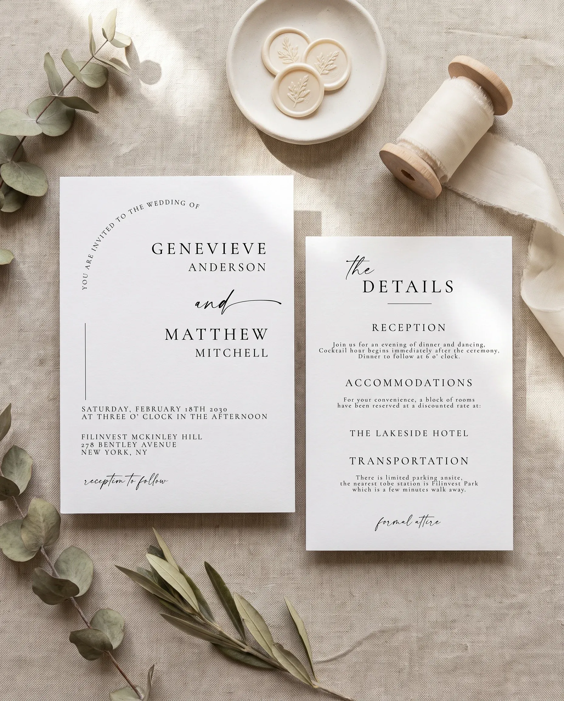 Arcadia wedding invitation suite — invitation and details card shown in a flat lay under soft natural light, wedding details card.
