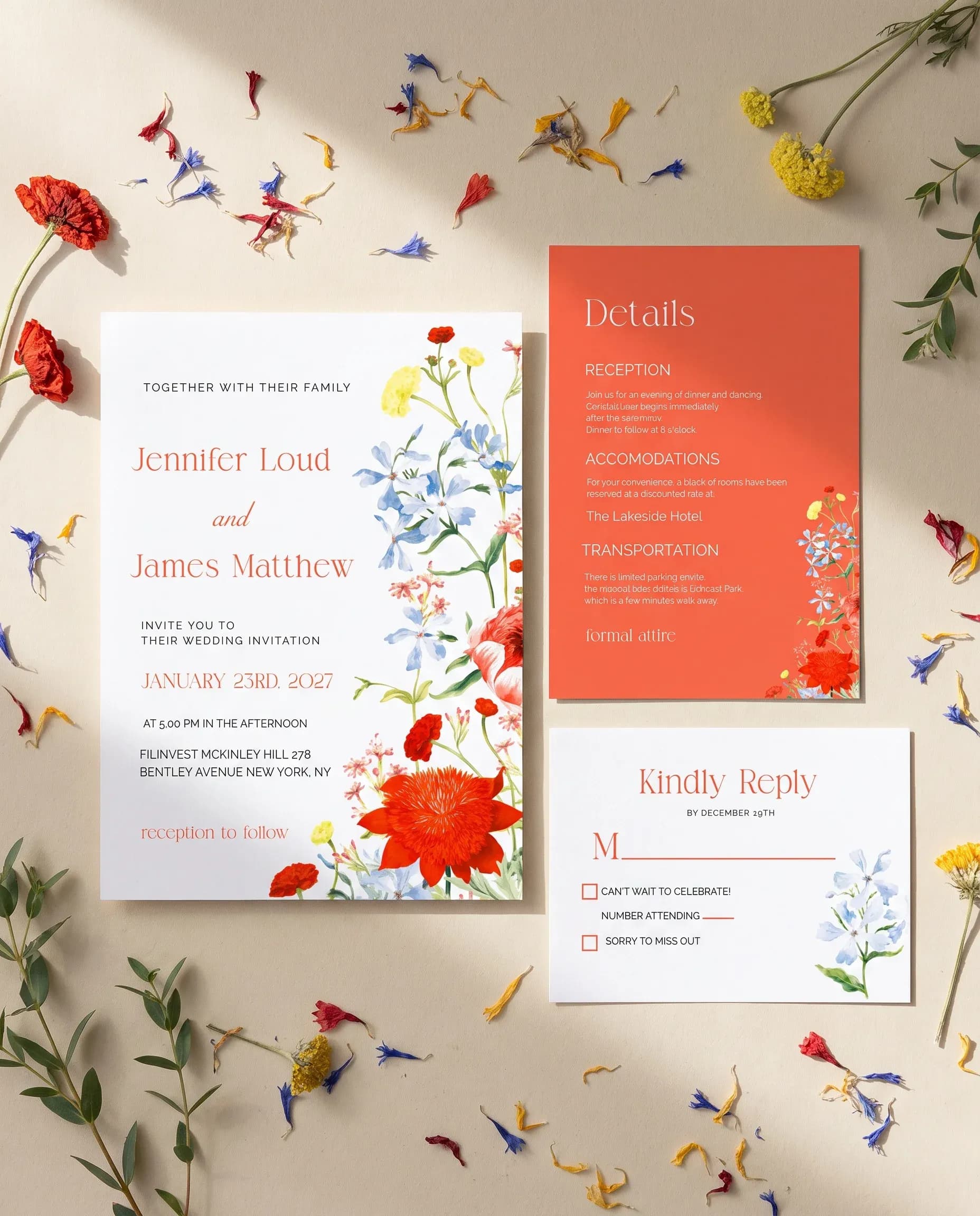Poppy Meridian wedding invitation set — invitation, details card and RSVP shown in a flat lay, printable wedding invitations.