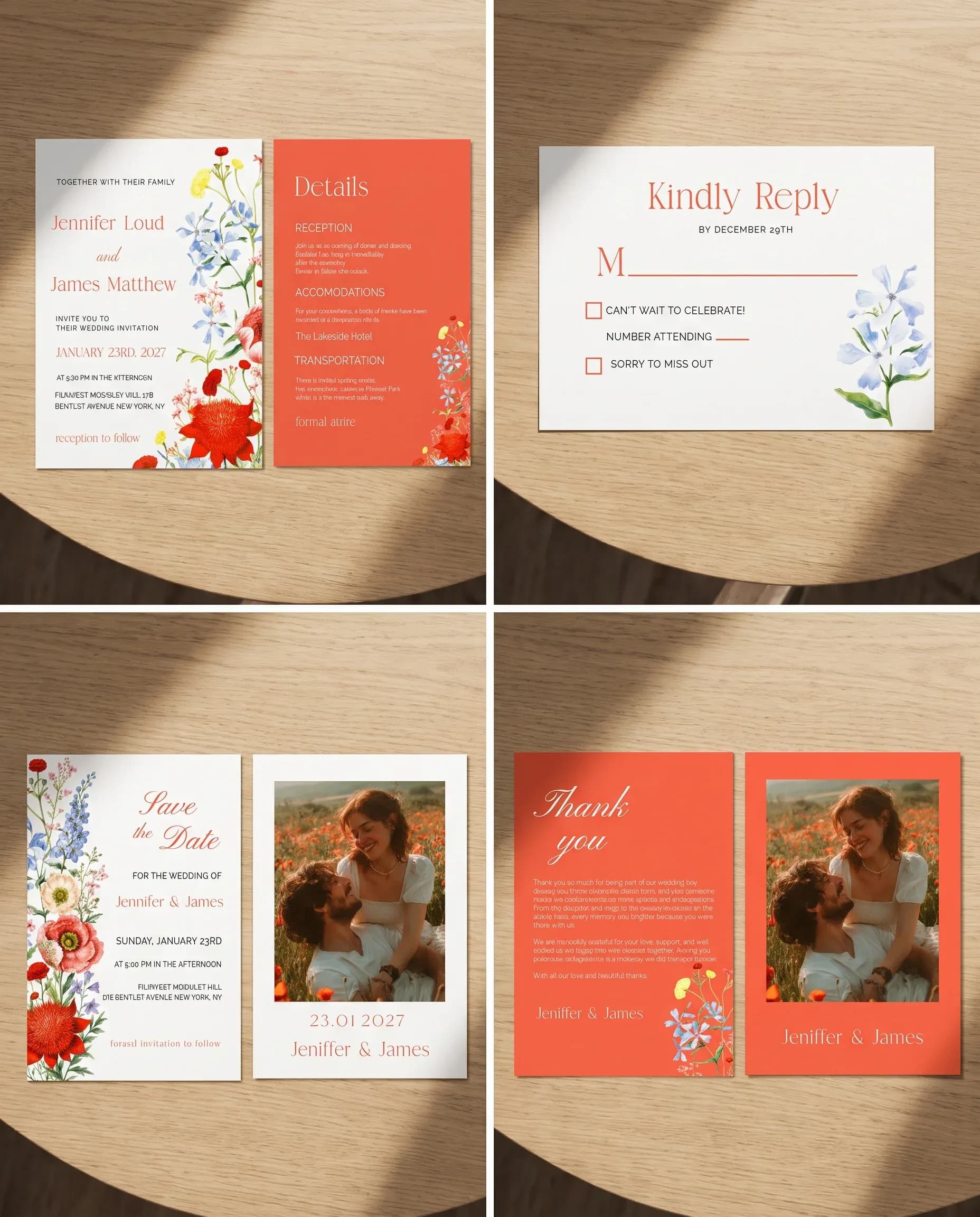 Poppy Meridian wedding invitation set — invitation, details card, RSVP, save the date and thank you card shown in a flat lay, wedding invitation suite.