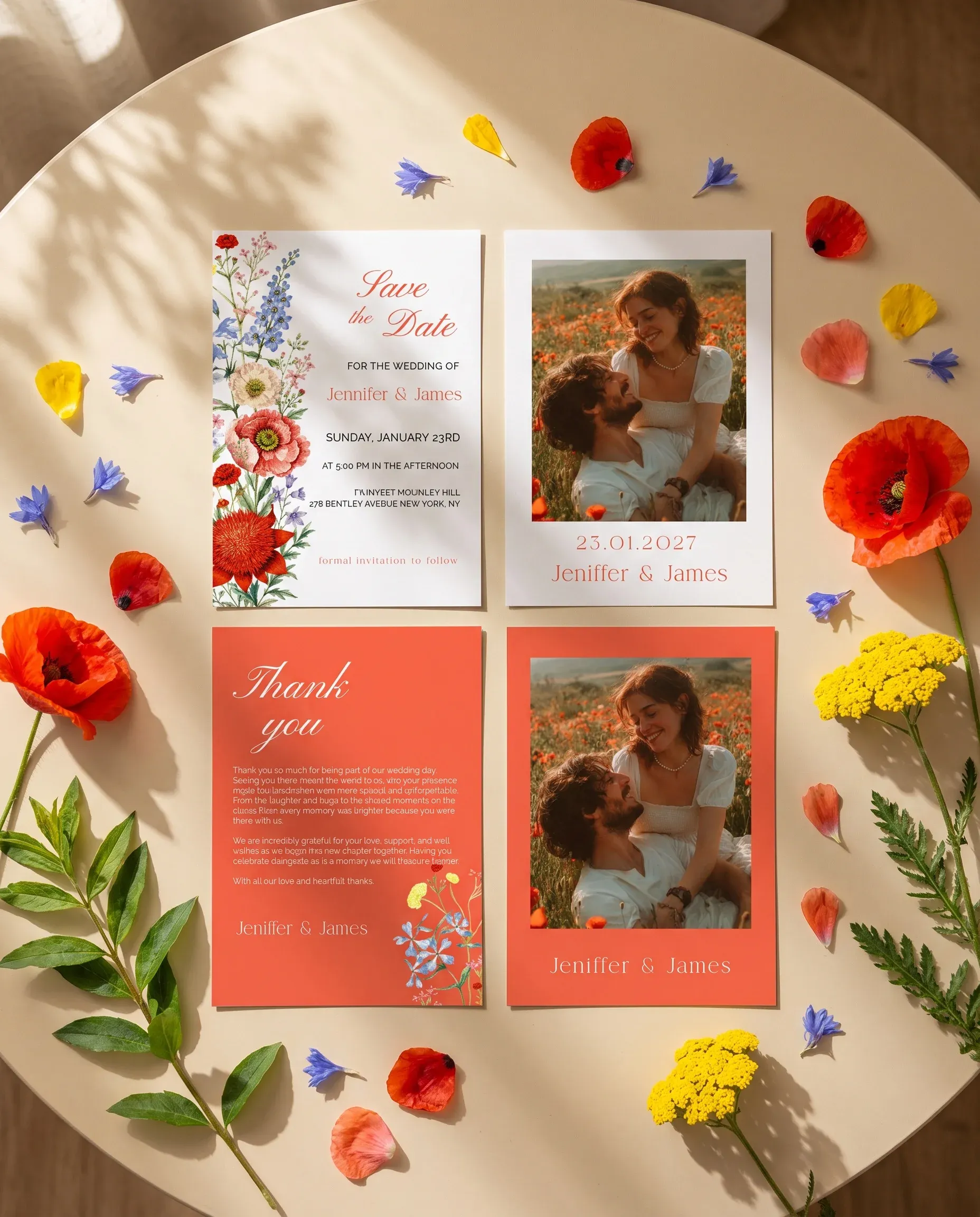 Poppy Meridian wedding invitation set — save the date and thank you card arranged together in a flat lay, wedding invitation templates.