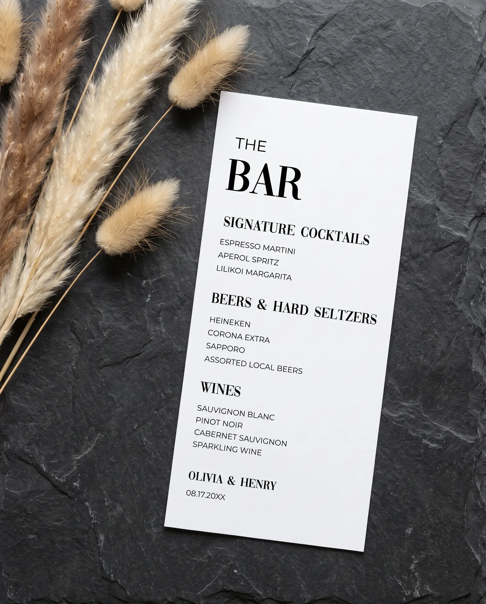 Barline Bar Menu — single page shown flat under soft natural light with a slight overhead angle, wedding bar menu.