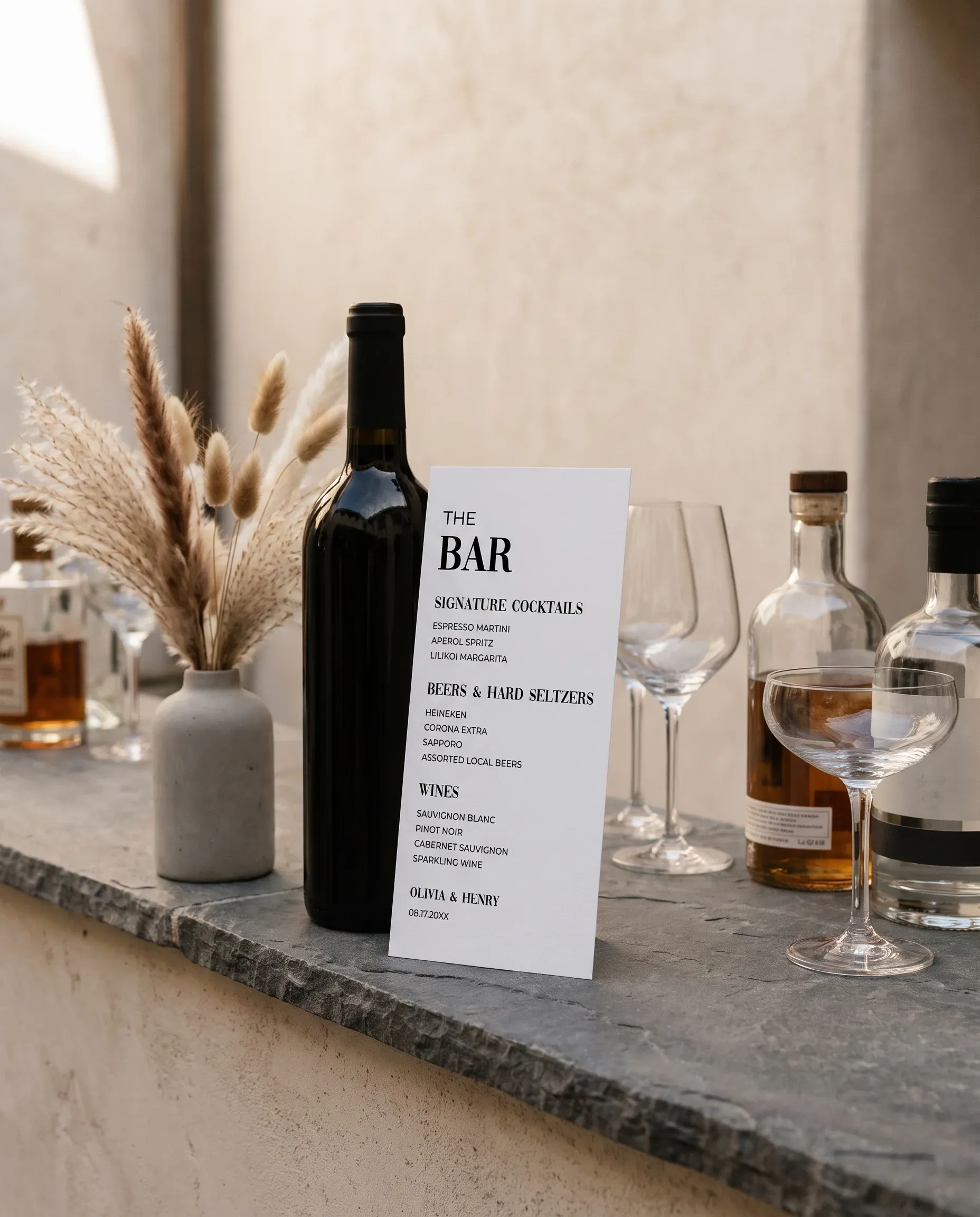 Barline — bar menu page displayed on a drinks station under soft natural light with slight overhead angle, bar menu template.