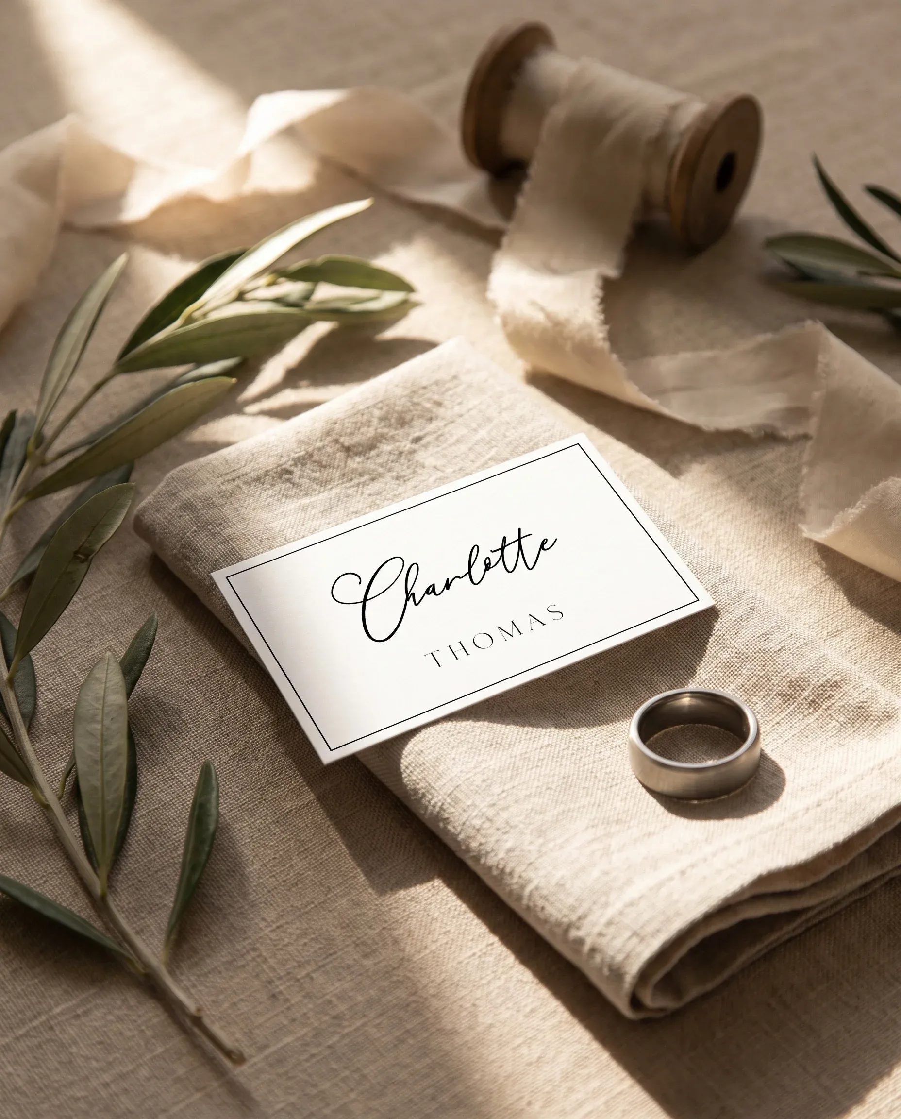 Aurelian wedding place cards — a single card displayed at a set place setting under soft natural overhead light, wedding name cards.