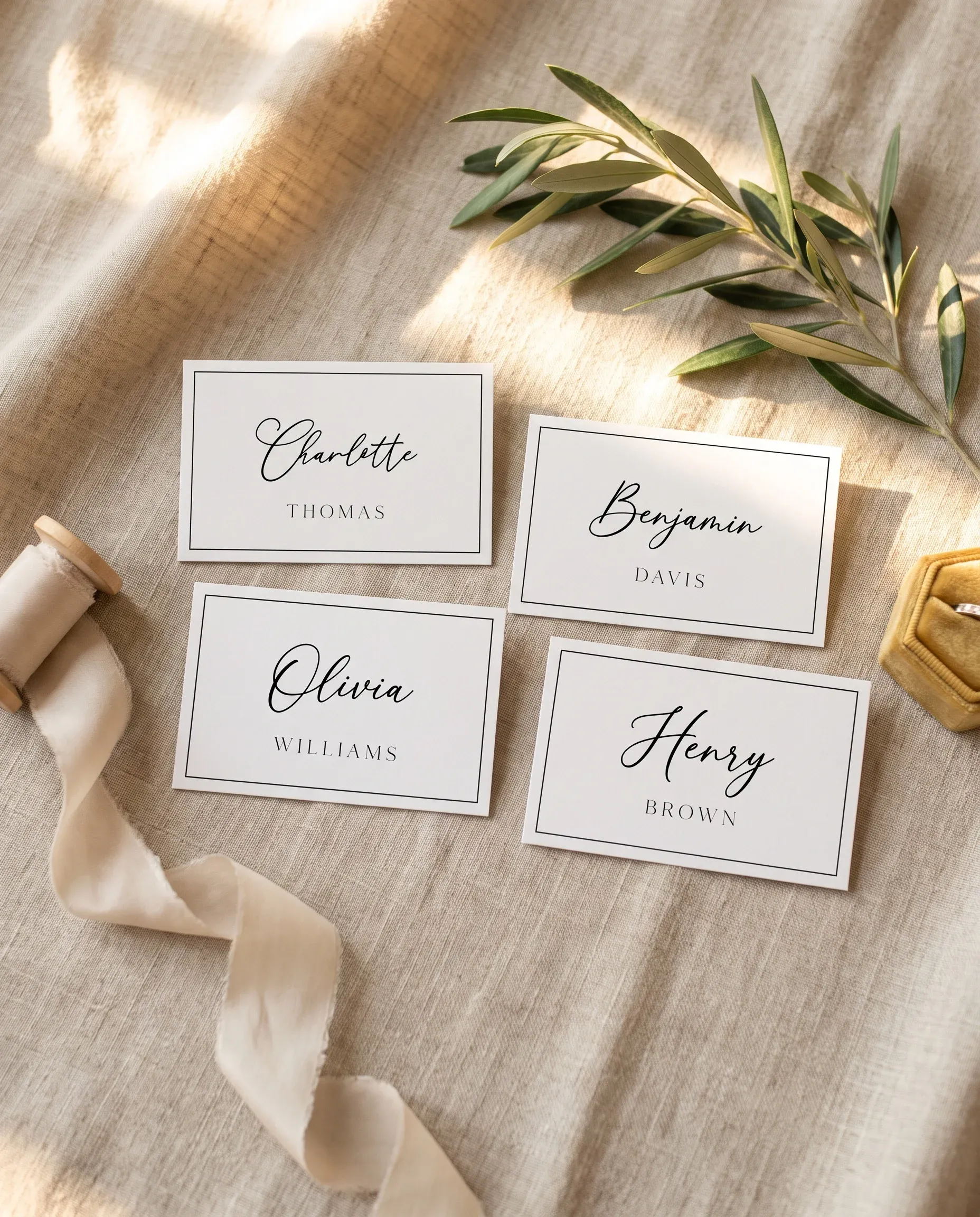 Aurelian wedding place cards — several cards shown flat under soft natural light at a slight overhead angle, wedding place cards