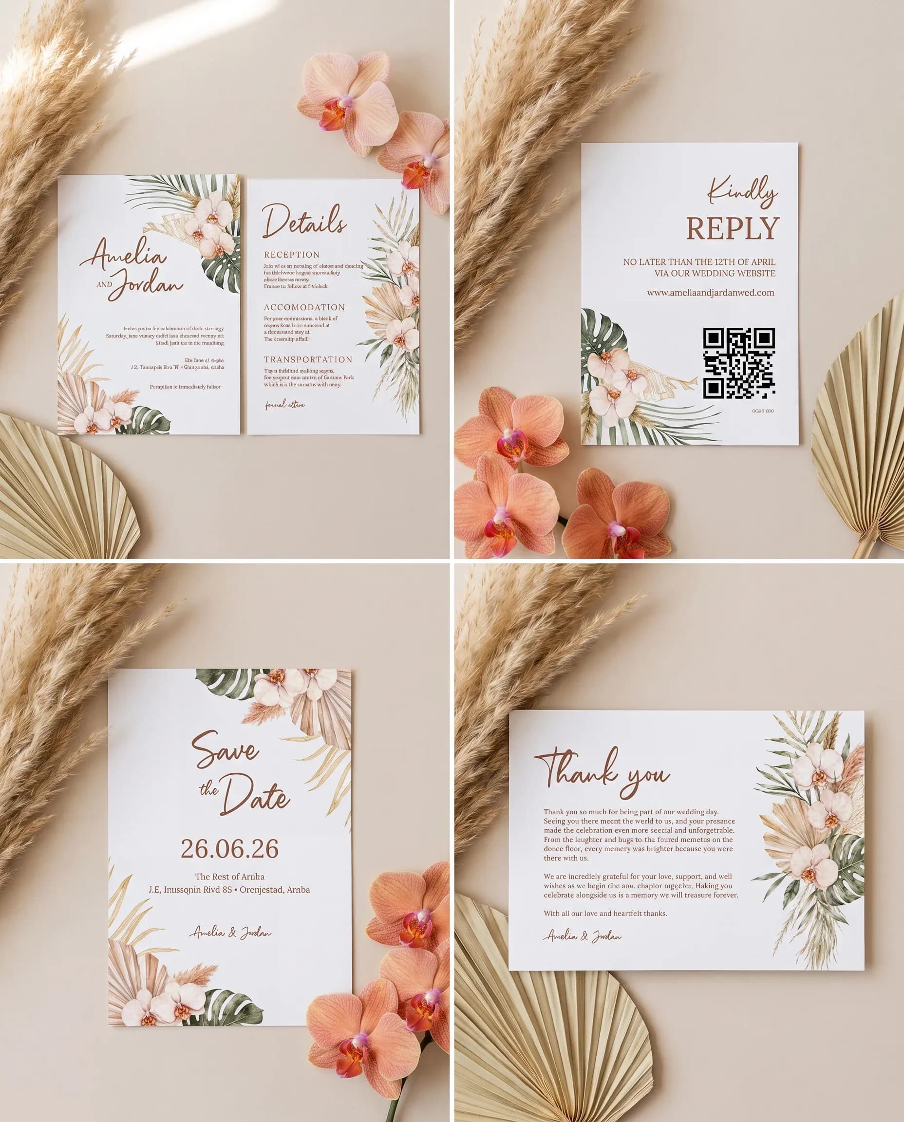 Palm Orchid wedding invitation set — Invitation, details card, RSVP, save the date and thank you card shown in a flat lay, wedding invitation suite