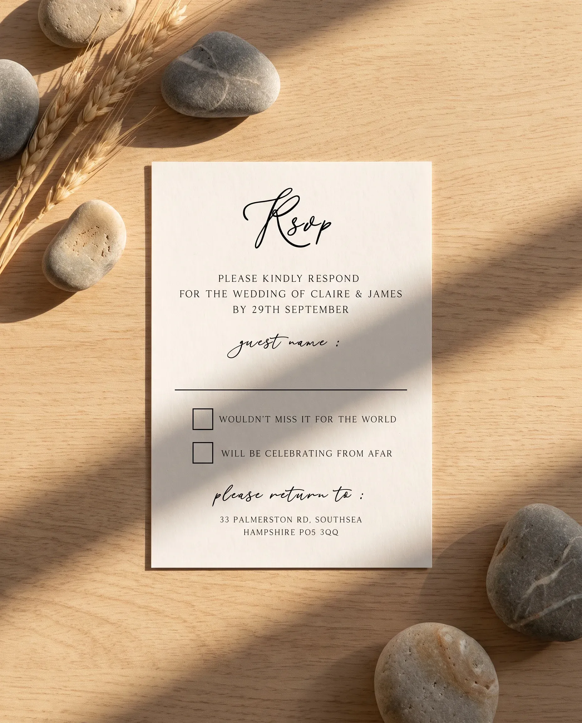 Halo Arch wedding invitation suite — RSVP card shown in a flat lay under soft natural light, wedding RSVP cards.