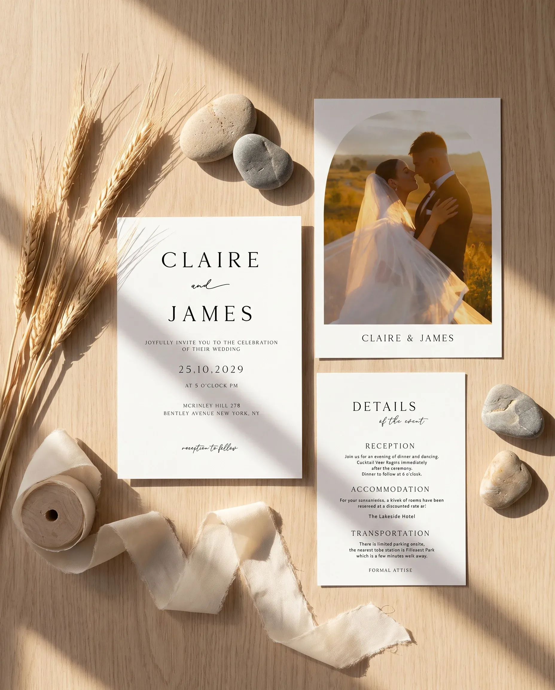 Halo Arch wedding invitation suite — invitation, details card and RSVP shown in a flat lay, wedding invitation templates.