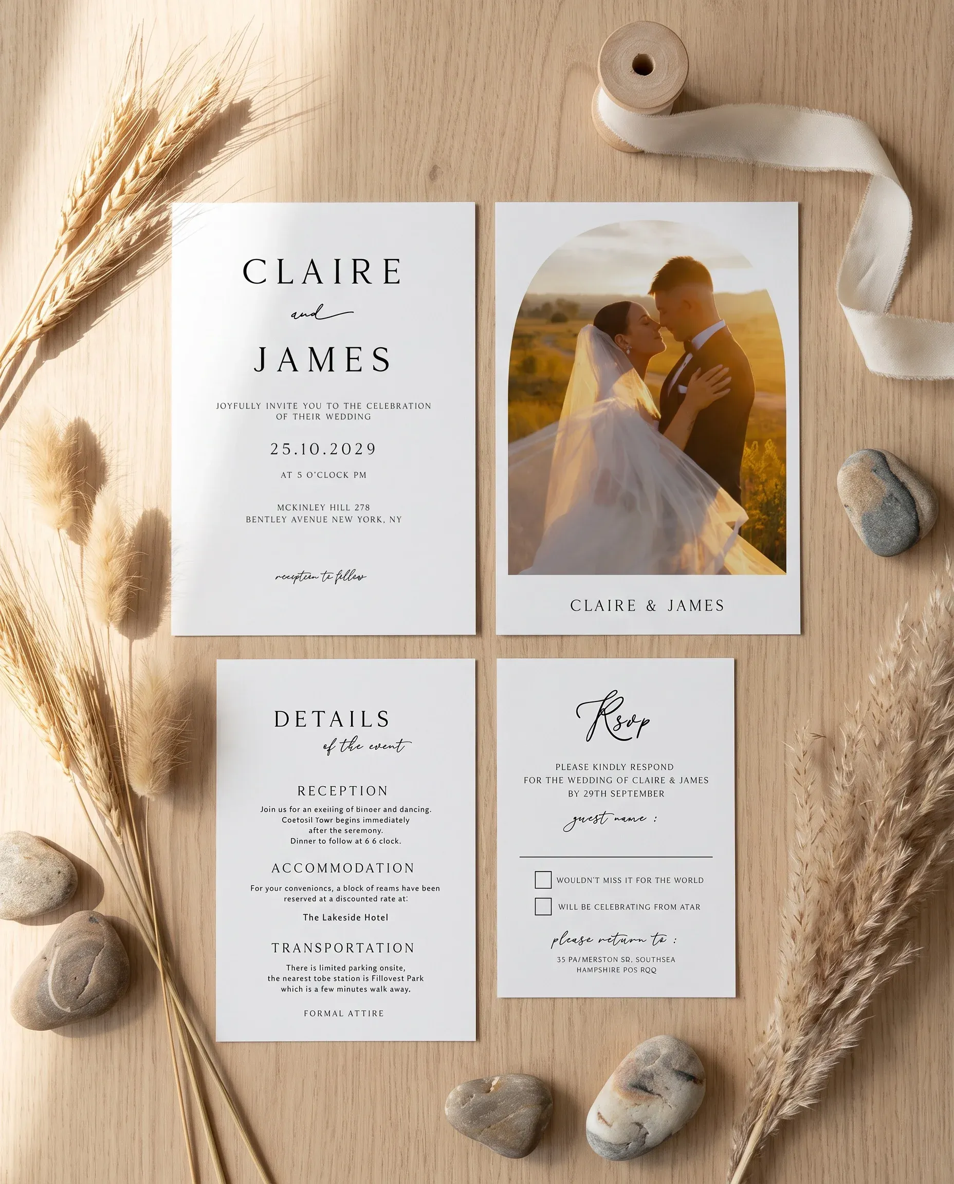 Halo Arch wedding invitation suite — invitation, details card and RSVP shown in a flat lay, wedding invitation templates.