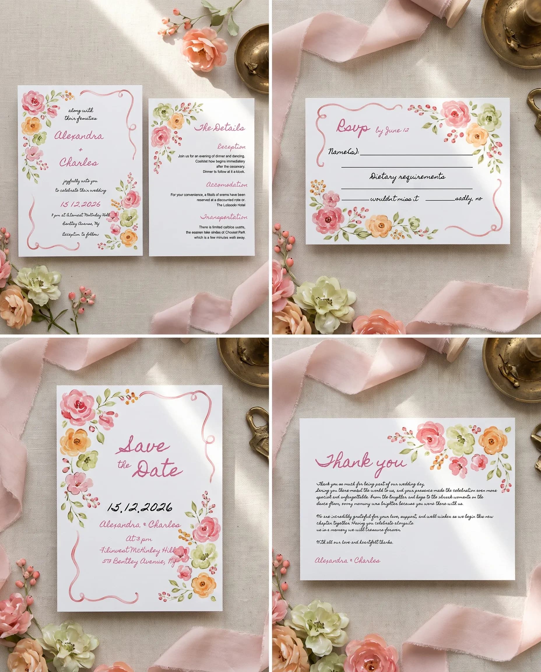 Blush Garland wedding invitation set — Invitation, details card, RSVP, save the date and thank you card shown in a flat lay, wedding invitation suite
