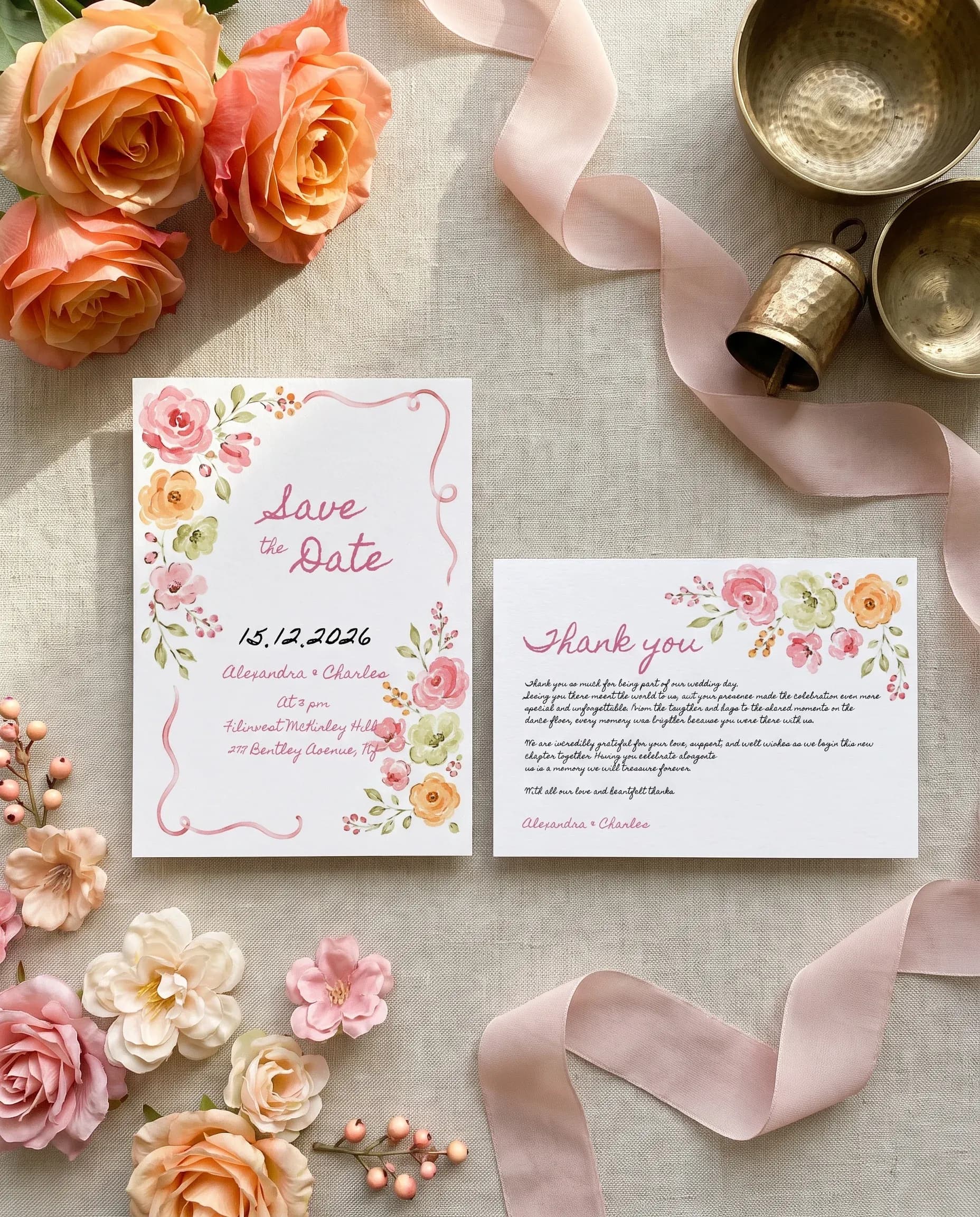 Blush Garland wedding invitation set — Save the date and thank you card shown in a flat lay, wedding invitation templates
