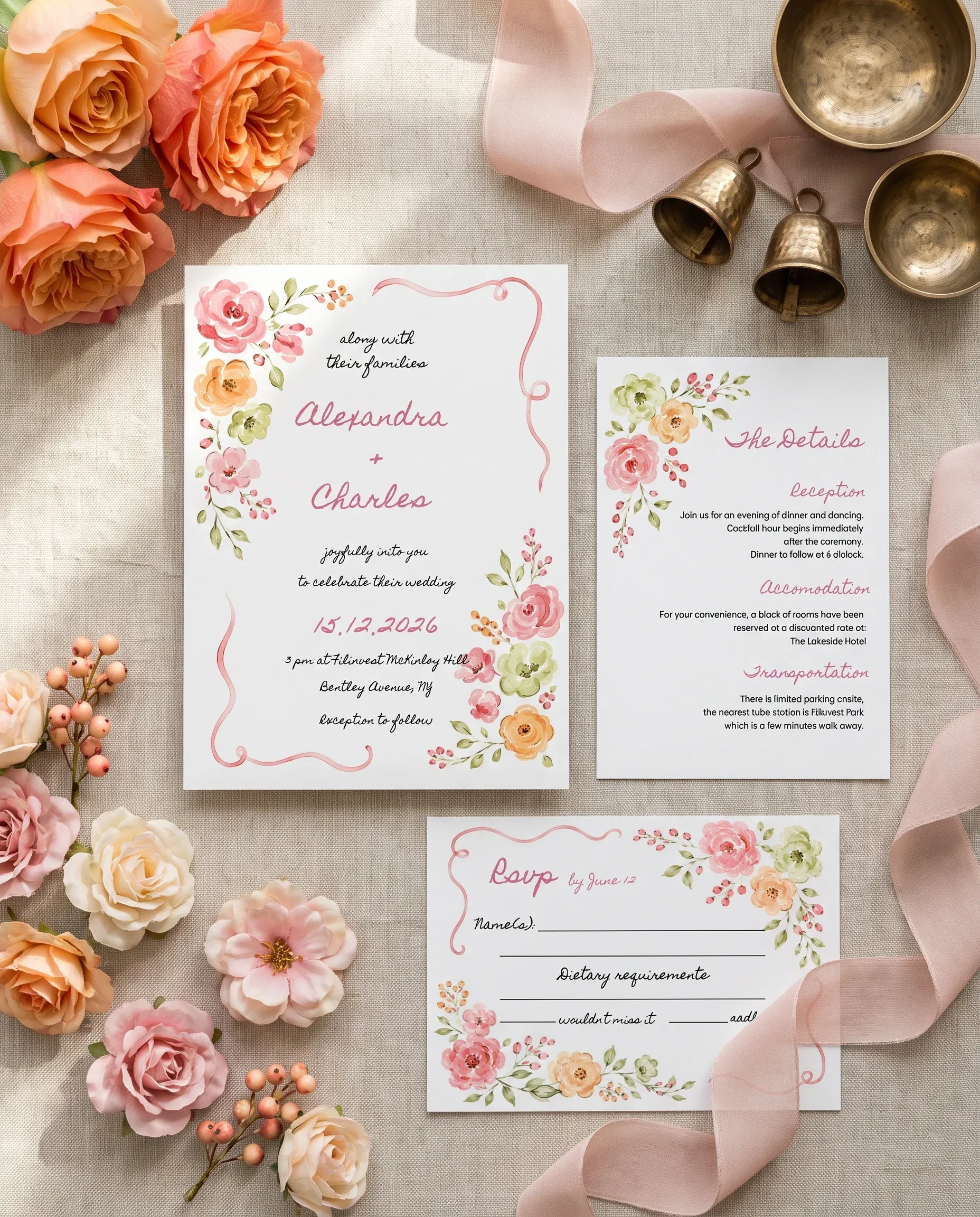 Blush Garland wedding invitation set — Invitation, details card and RSVP card shown in a flat lay, printable wedding invitations