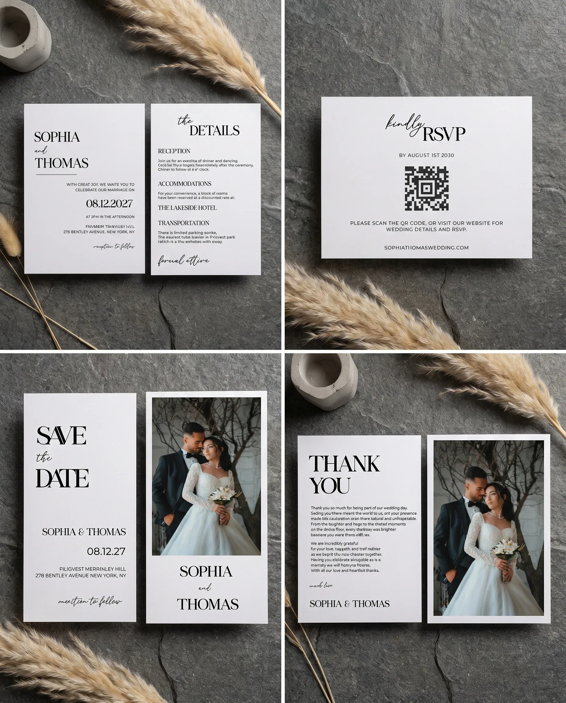 Barline wedding invitation set — invitation, details card, RSVP, save the date and thank you card in a flat lay, wedding invitation suite.