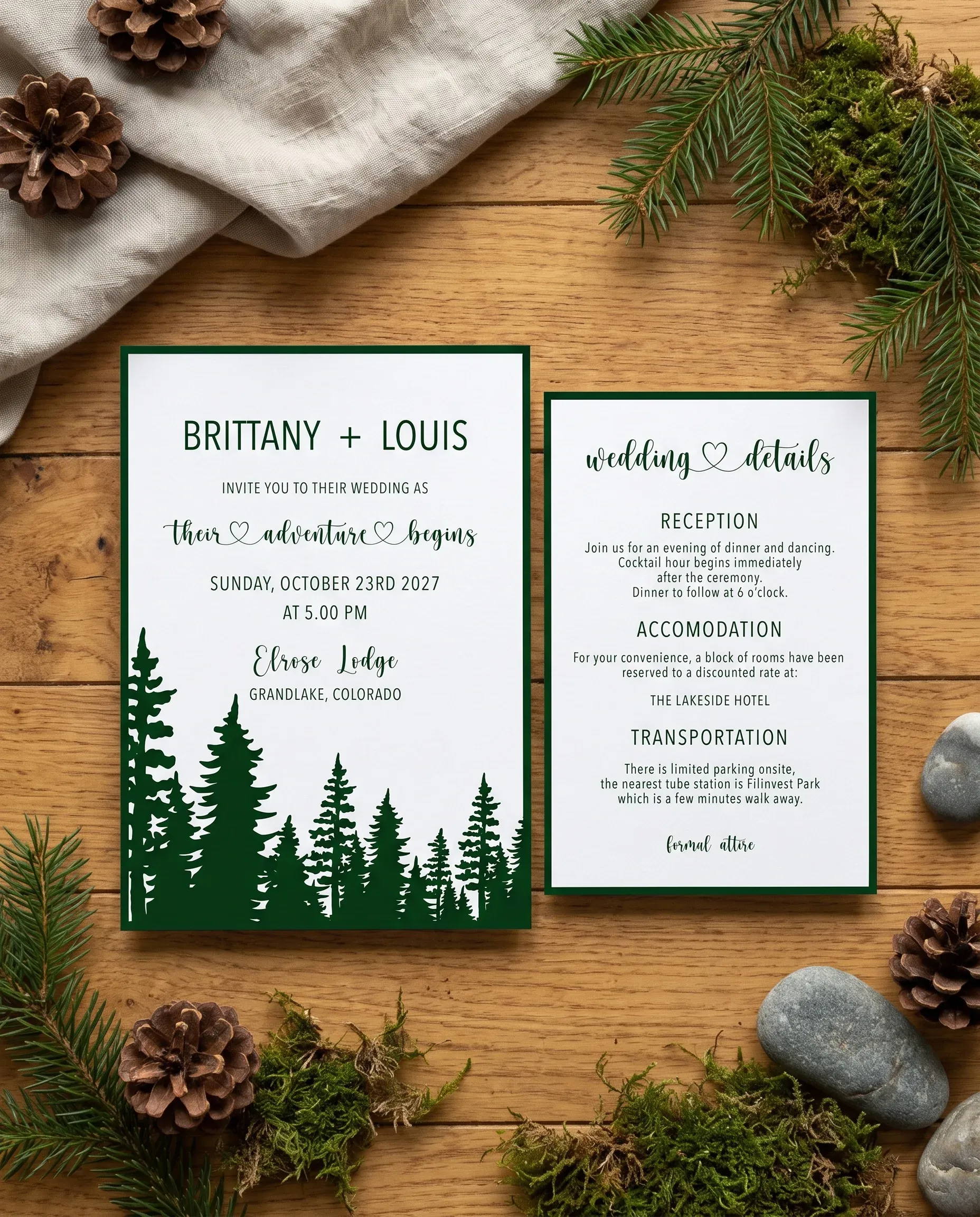 Evergreen Star wedding invitation suite — invitation and details card shown in a flat lay, wedding details card.