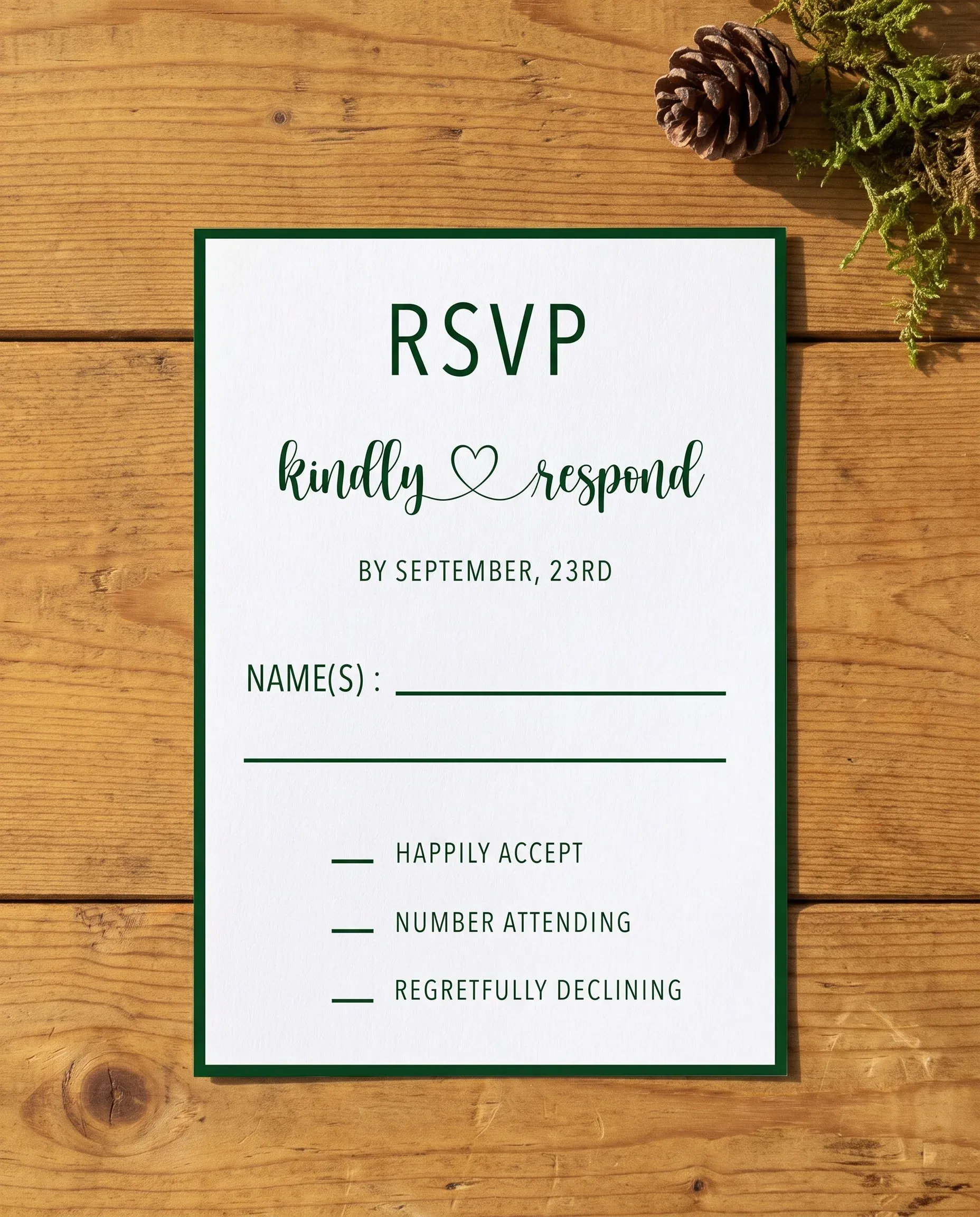 Evergreen Star wedding invitation suite — RSVP card shown in a flat lay on premium editorial paper under soft natural light, wedding RSVP cards.