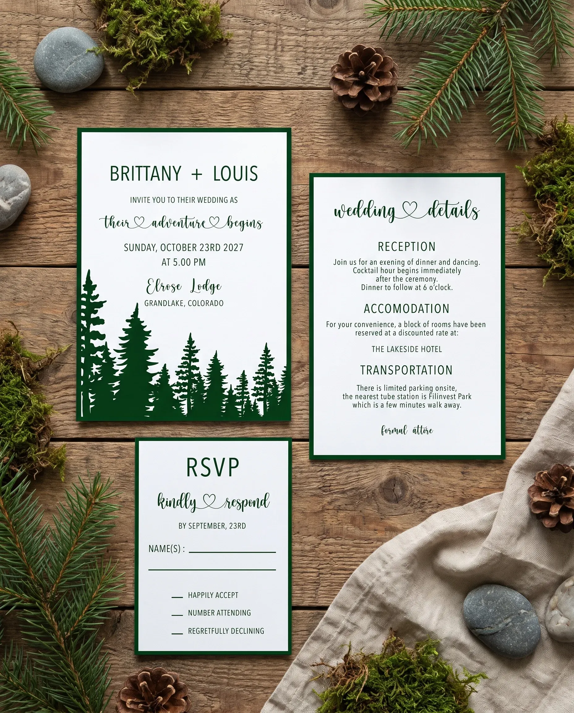 Evergreen Star wedding invitation suite — invitation, details card and RSVP shown in a flat lay, wedding invitation templates.