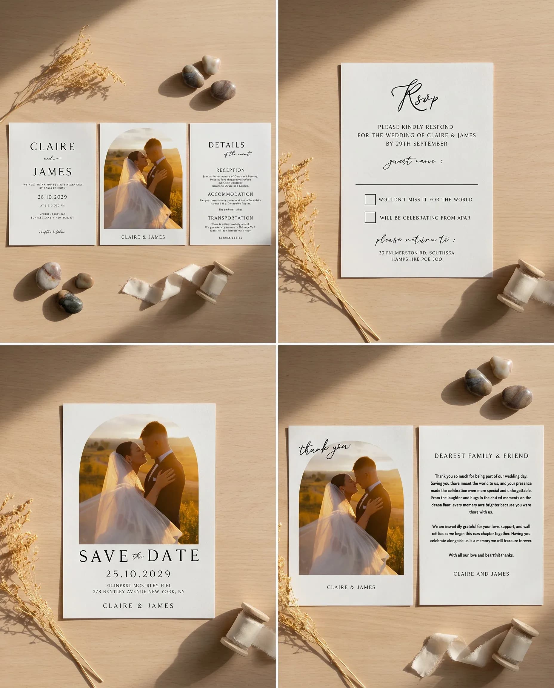 Halo Arch invitation set — invitation, details card, RSVP, save the date, thank you card shown in a flat lay, wedding invitation suite.