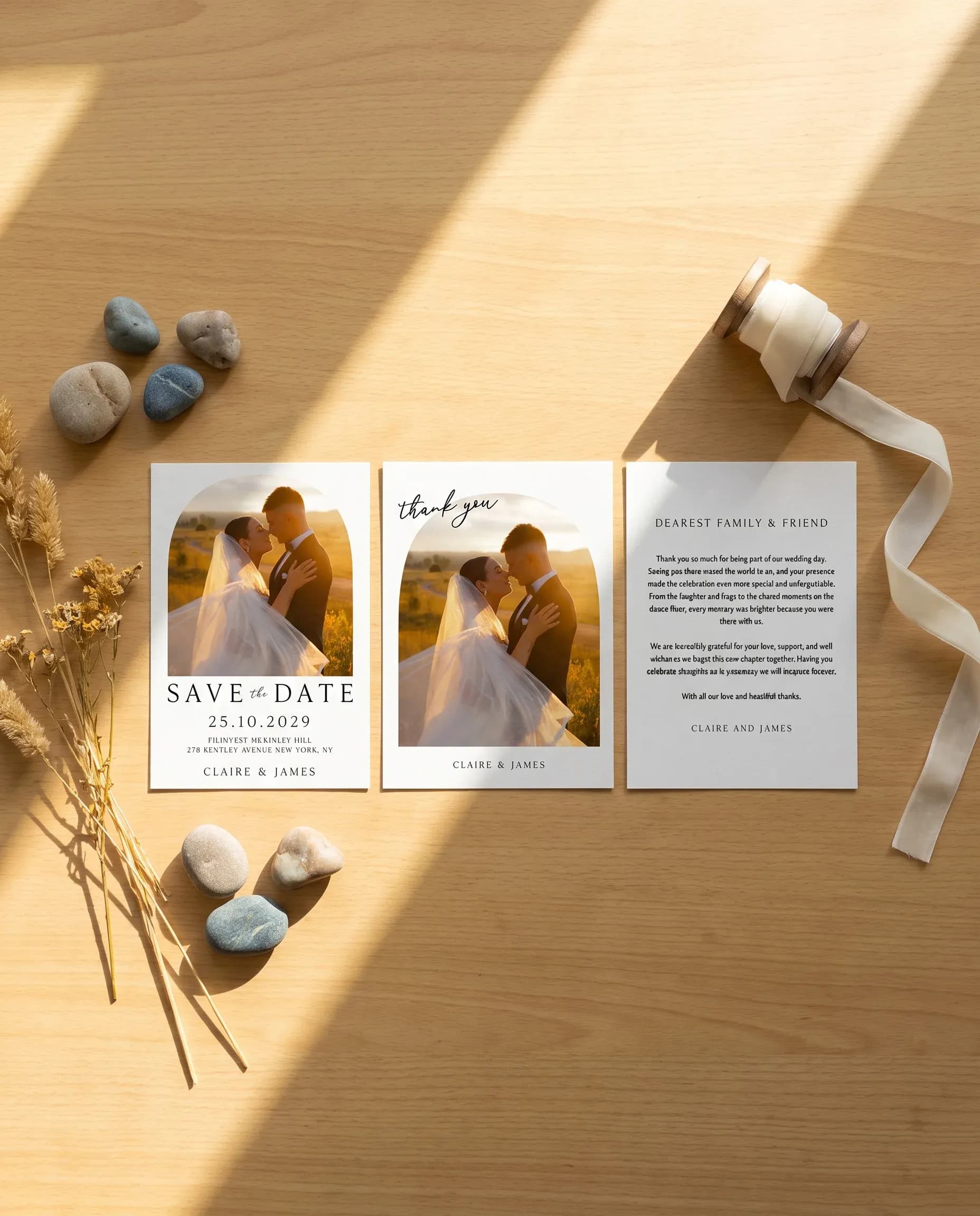 Halo Arch wedding invitation set — invitation, details card and RSVP shown in a flat lay, printable wedding invitations.