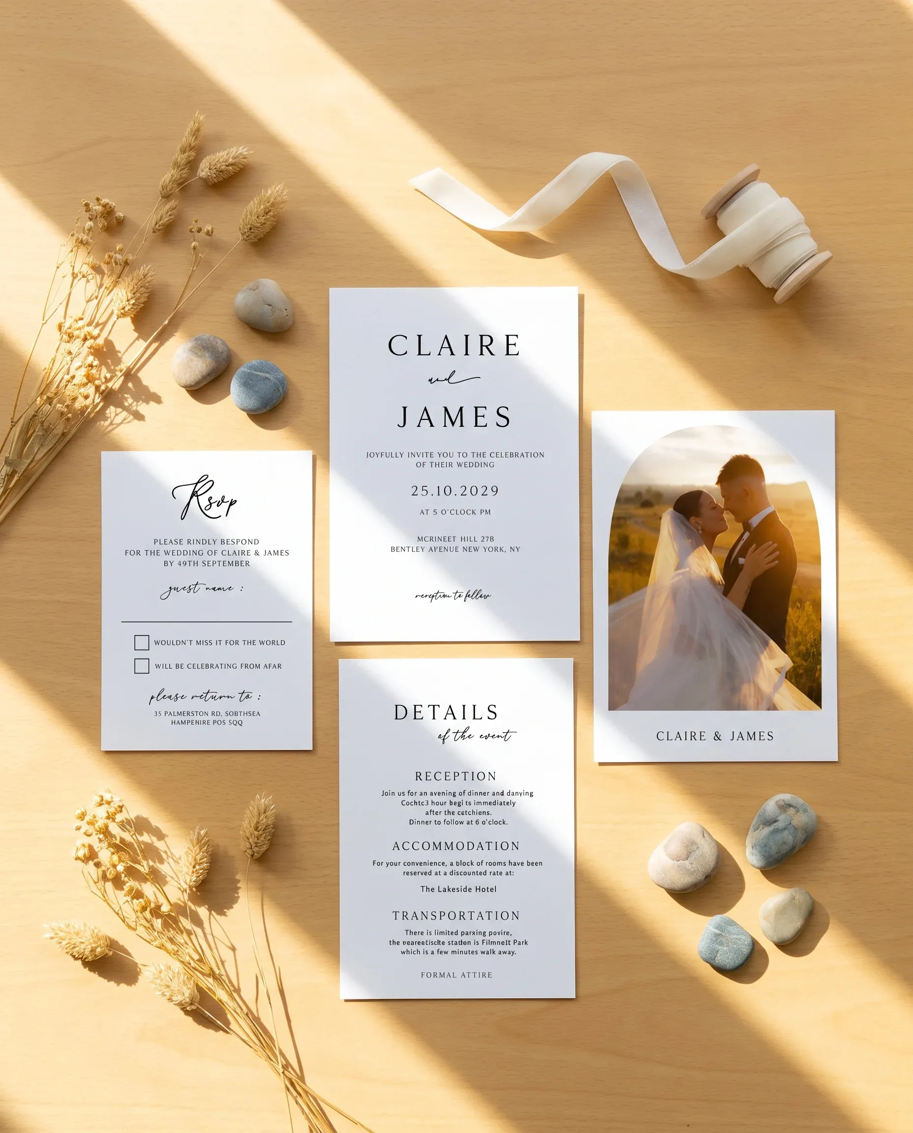 Halo Arch wedding invitation set — invitation, details card and RSVP shown in a flat lay, printable wedding invitations.