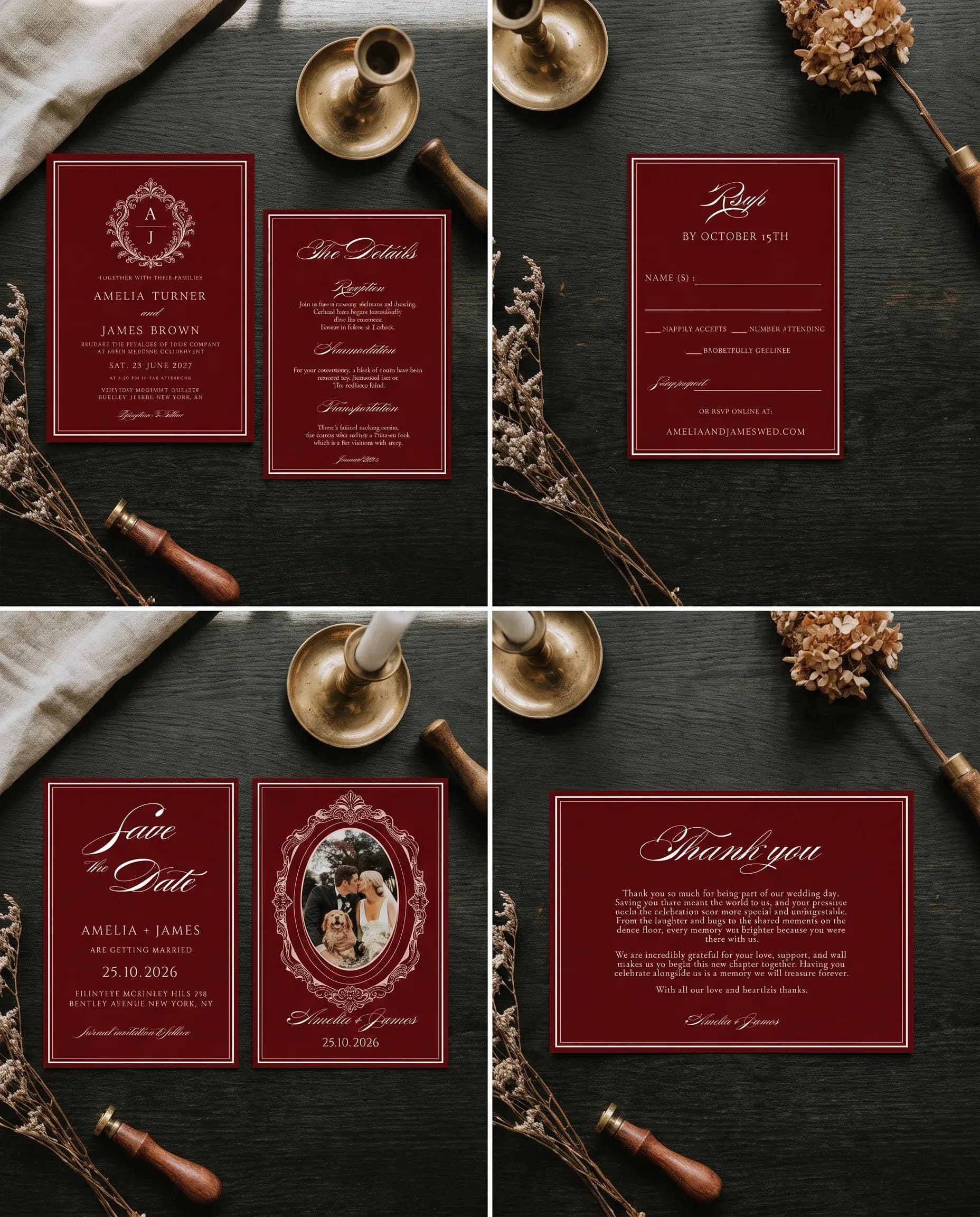 Claret Filigree wedding invitation set — Invitation, details card, RSVP, save the date and thank you card shown in a flat lay, wedding invitation suite