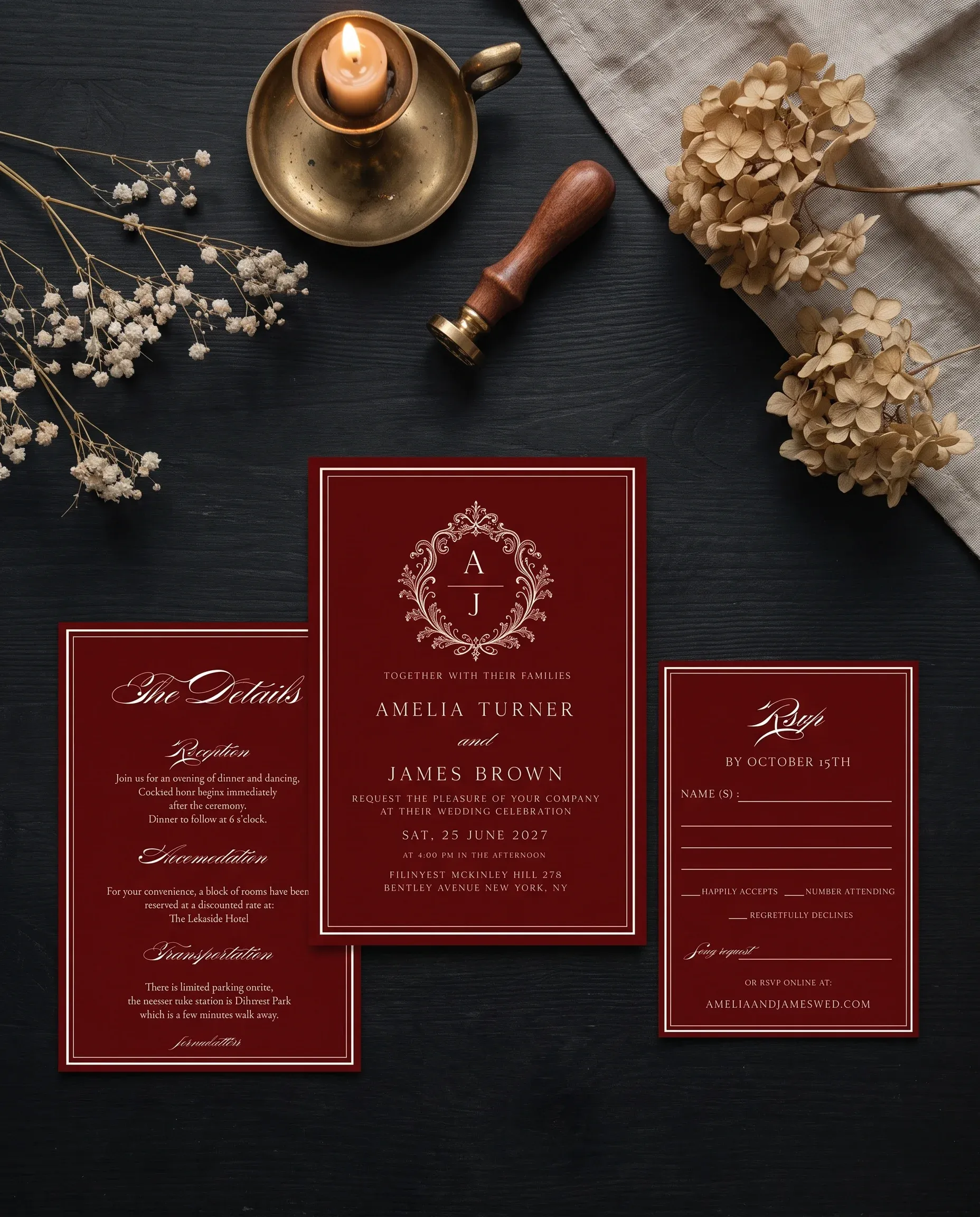 Claret Filigree wedding invitation set — Invitation, details card and RSVP card shown in a flat lay, printable wedding invitations
