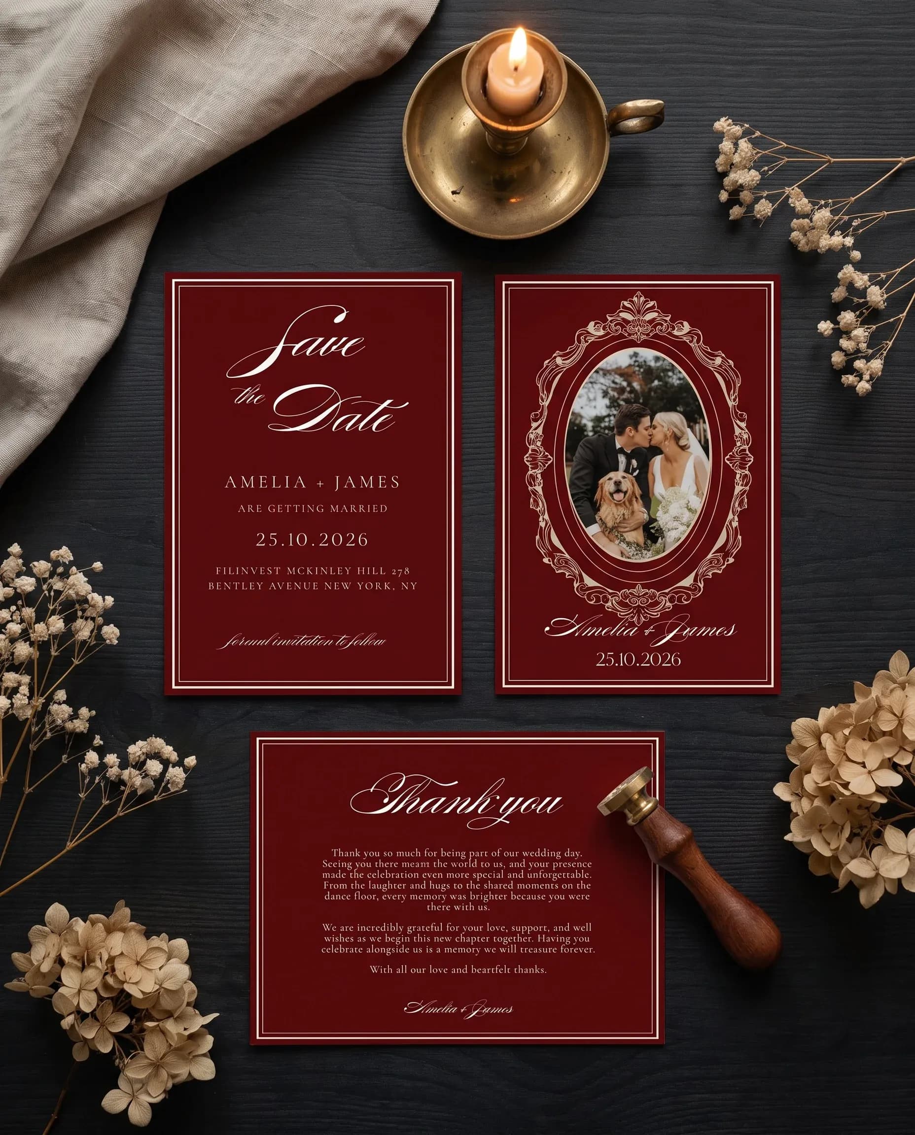 Claret Filigree wedding invitation set — Save the date and thank you card shown in a flat lay, wedding invitation templates