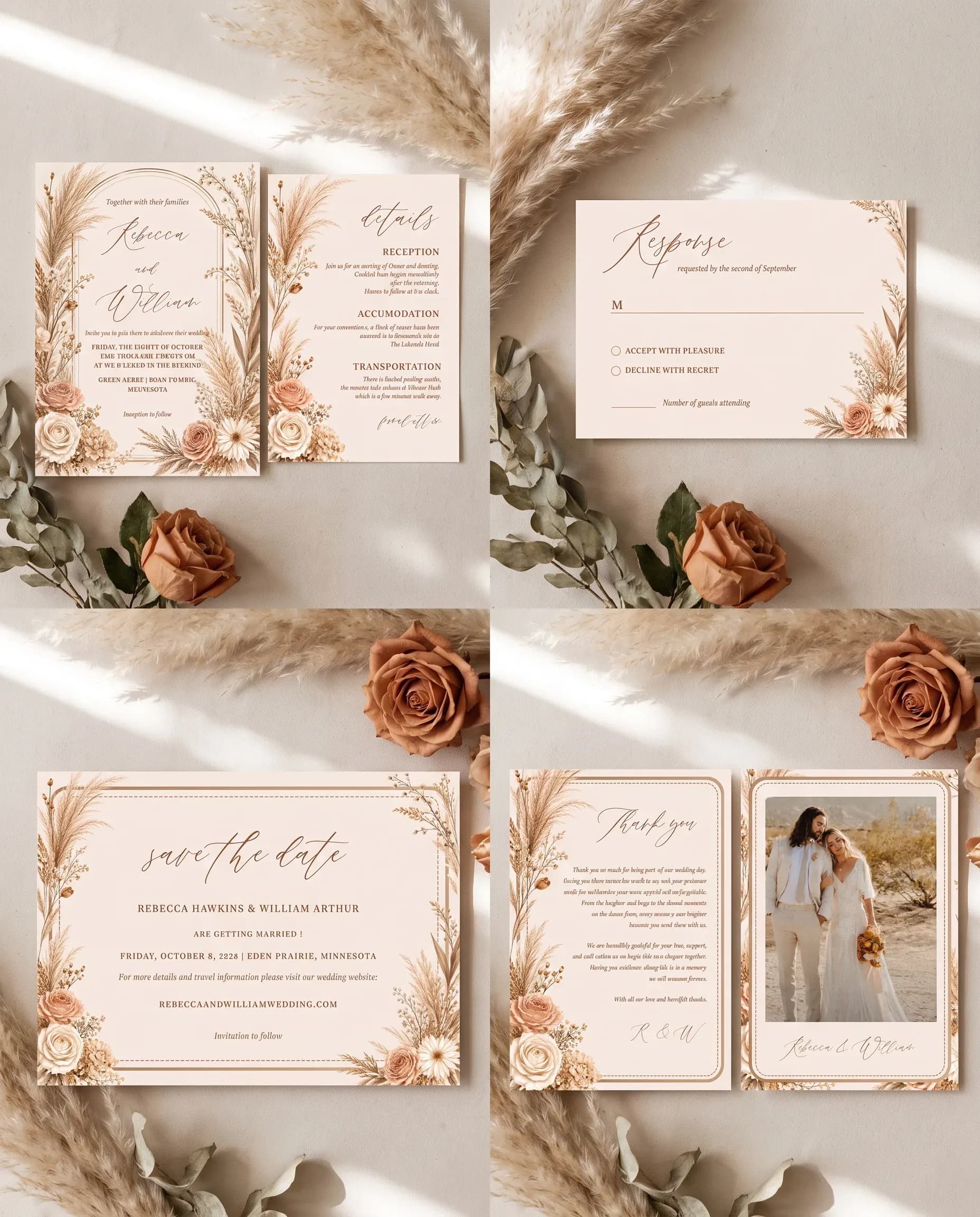 Pampas Hush wedding invitation set — Invitation, details card, RSVP, save the date and thank you card shown in a flat lay, wedding invitation suite