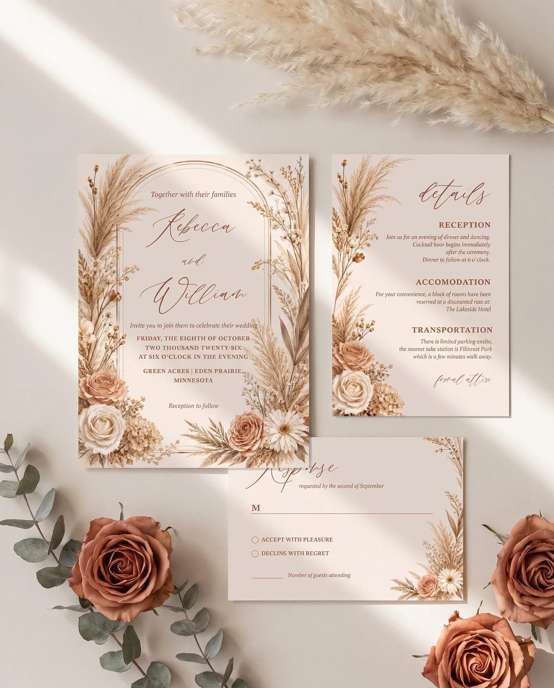 Pampas Hush wedding invitation set — Invitation, details card and RSVP card shown in a flat lay, printable wedding invitations