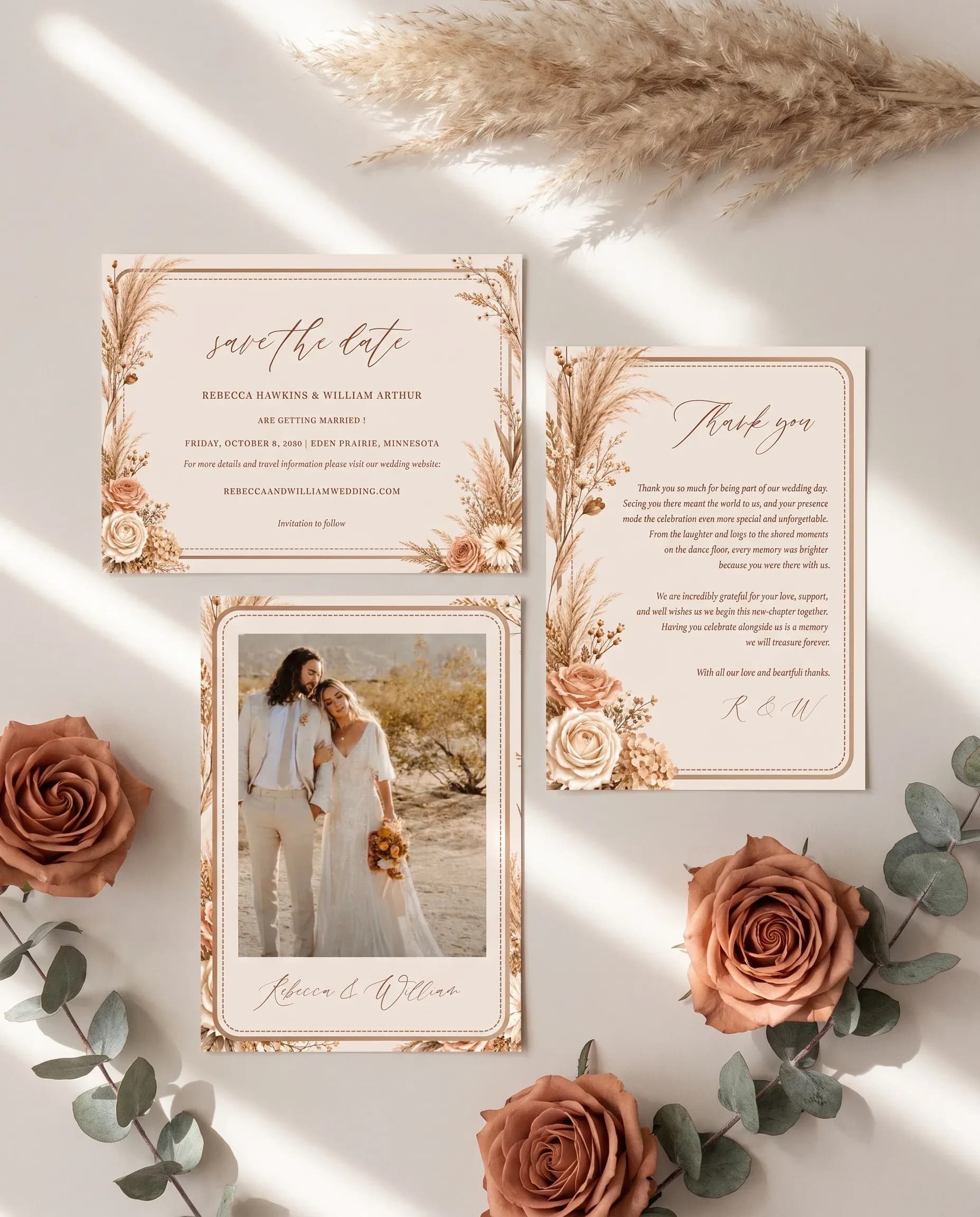 Pampas Hush wedding invitation set — Save the date and thank you card shown in a flat lay, wedding invitation templates