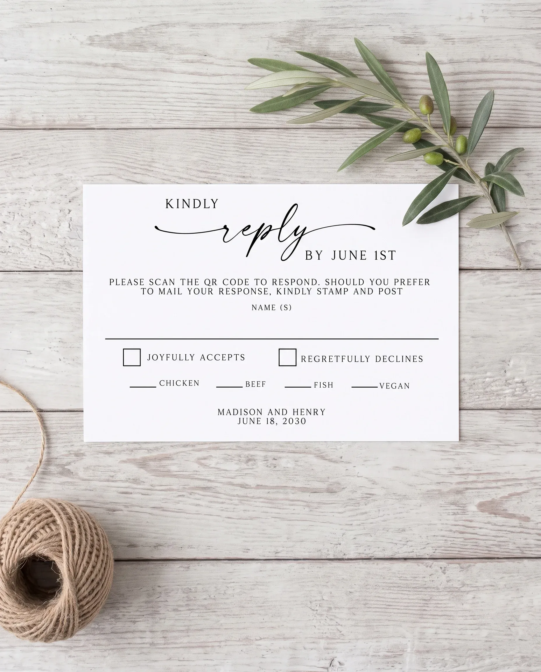 Willow Script wedding invitation suite — RSVP card shown in a flat lay, wedding RSVP cards.