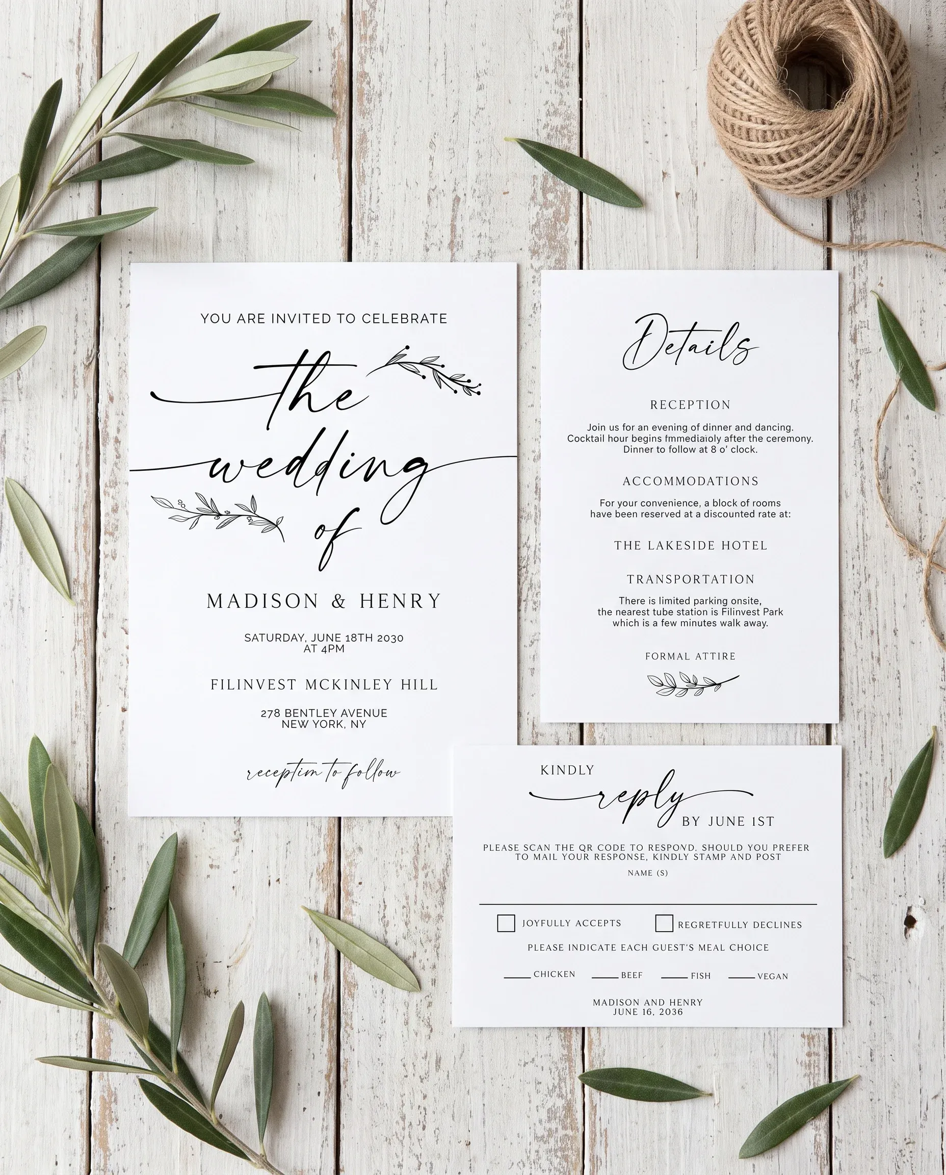 Willow Script wedding invitation suite — invitation, details card and RSVP shown in a flat lay under soft natural light, wedding invitation templates.