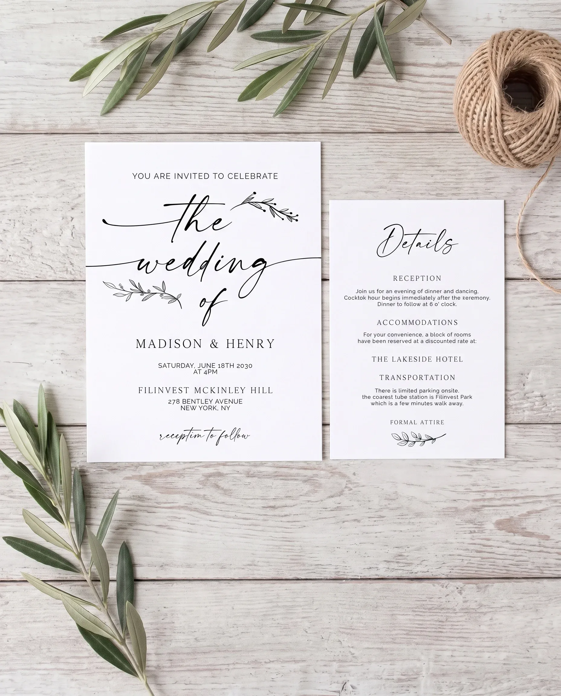Willow Script wedding invitation suite — invitation and details card arranged in a flat lay under soft natural light, wedding details card.