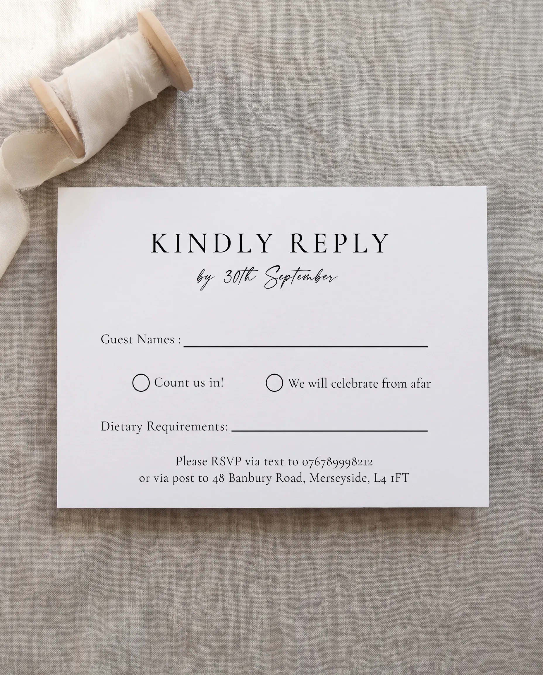 Tonal Reply wedding invitation suite — RSVP card shown in a flat lay on premium editorial paper, wedding RSVP cards.