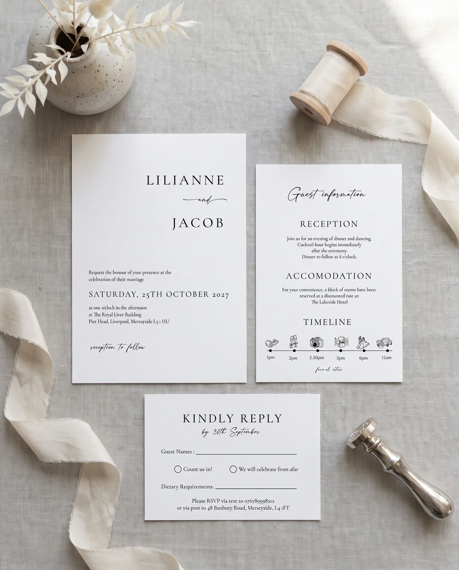 Tonal Reply wedding invitation suite — invitation, details card and RSVP shown in a flat lay on editorial paper, wedding invitation templates.