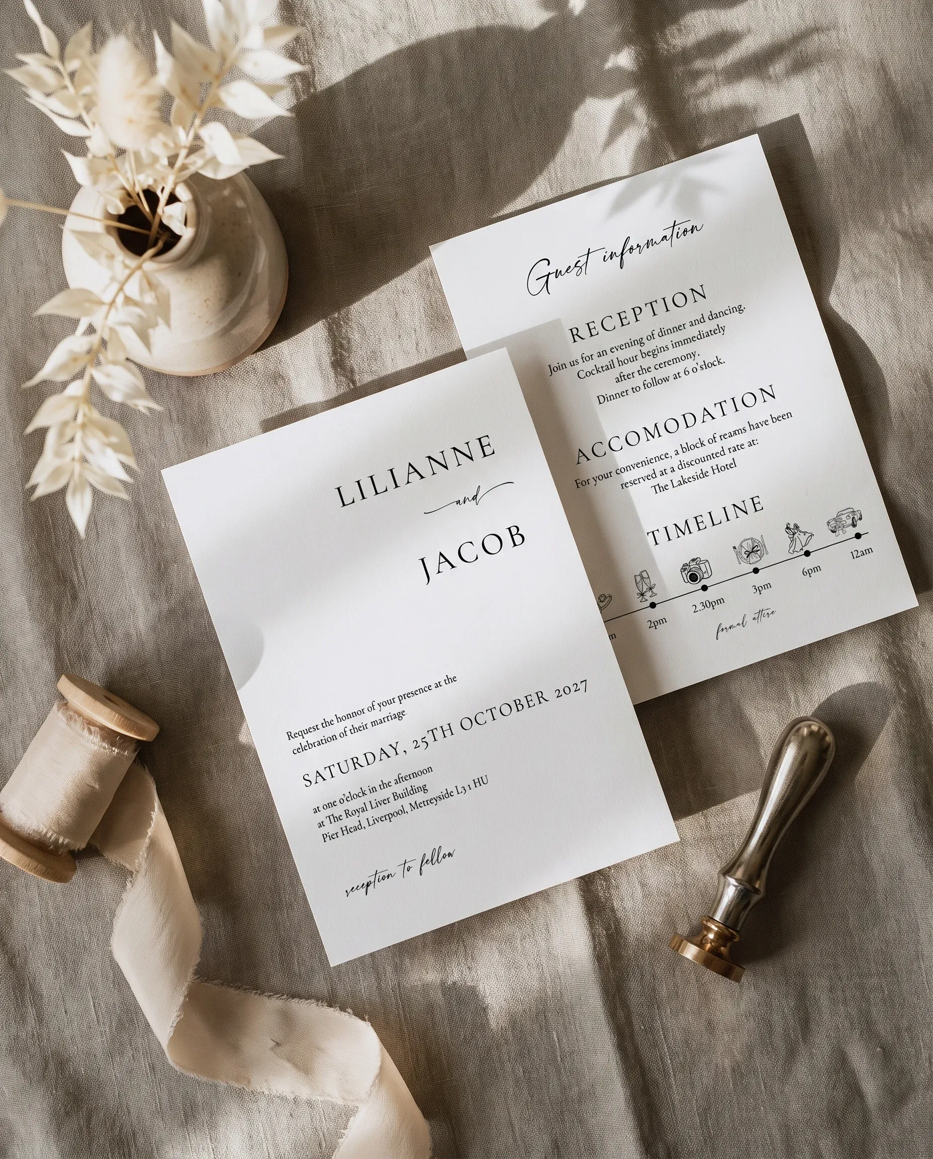 Tonal Reply wedding invitation suite — invitation and details card shown in a flat lay, wedding details card.