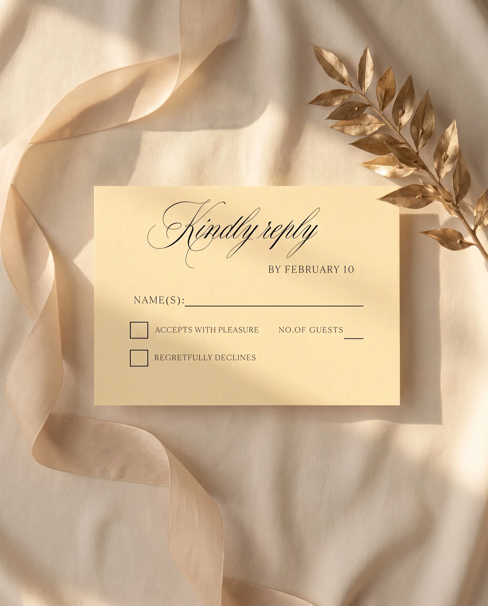 Gilded Bough wedding invitation suite — RSVP card shown in a flat lay, wedding RSVP cards.