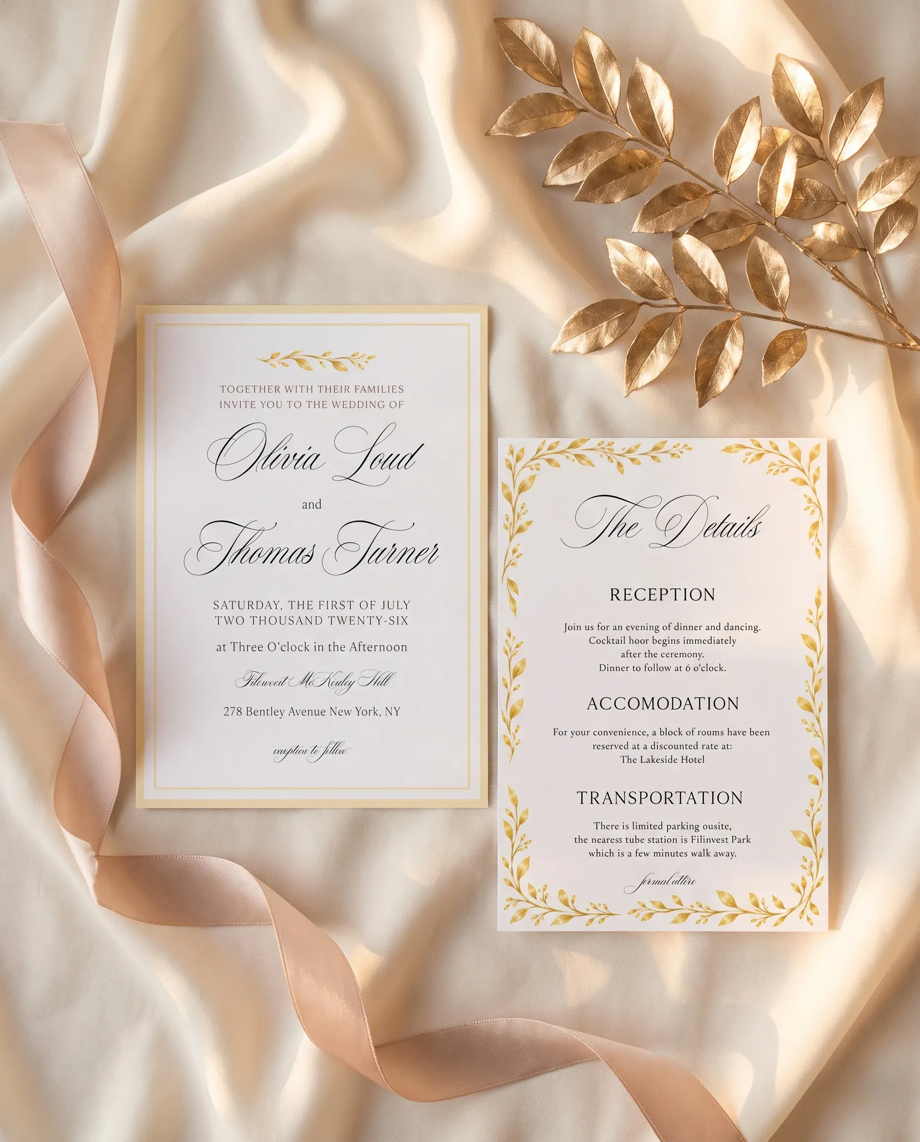 Gilded Bough wedding invitation suite — invitation and details card arranged side by side in a soft-lit flat lay, wedding details card.