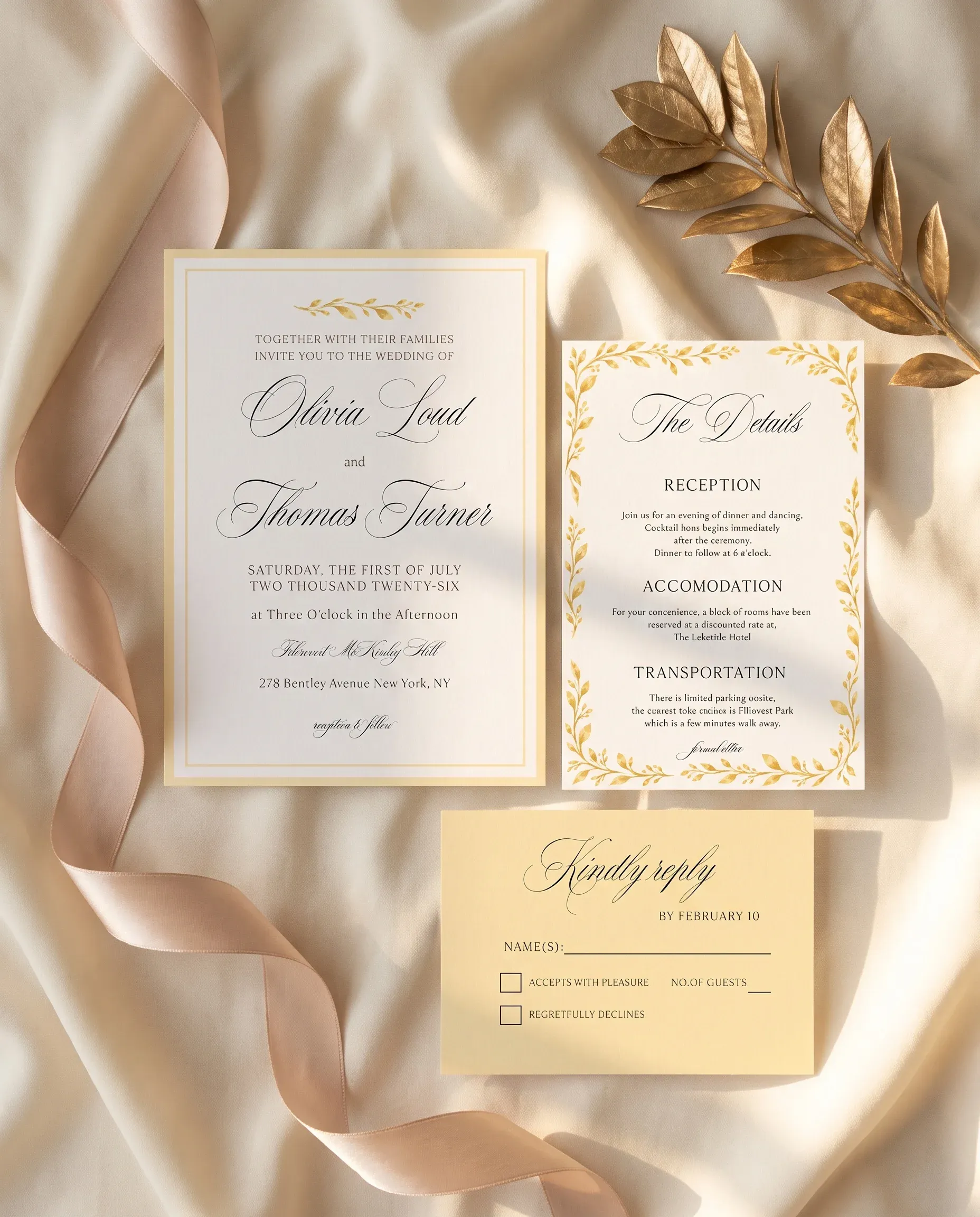 Gilded Bough wedding invitation suite — invitation, details card and RSVP shown in a flat lay under soft natural light, wedding invitation templates
