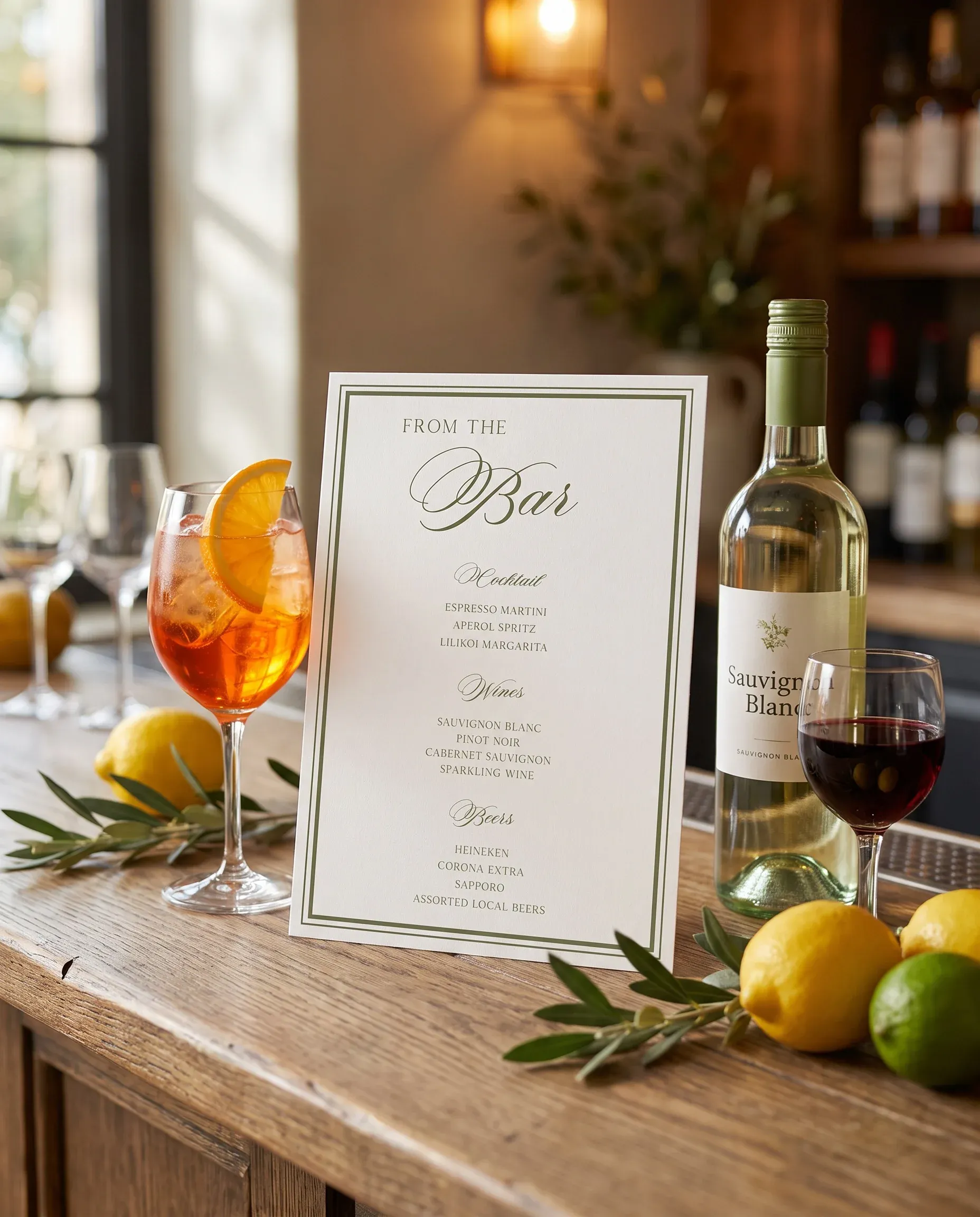 Olive Script — bar menu page displayed on a drinks station under soft natural light, slight overhead angle, bar menu template.